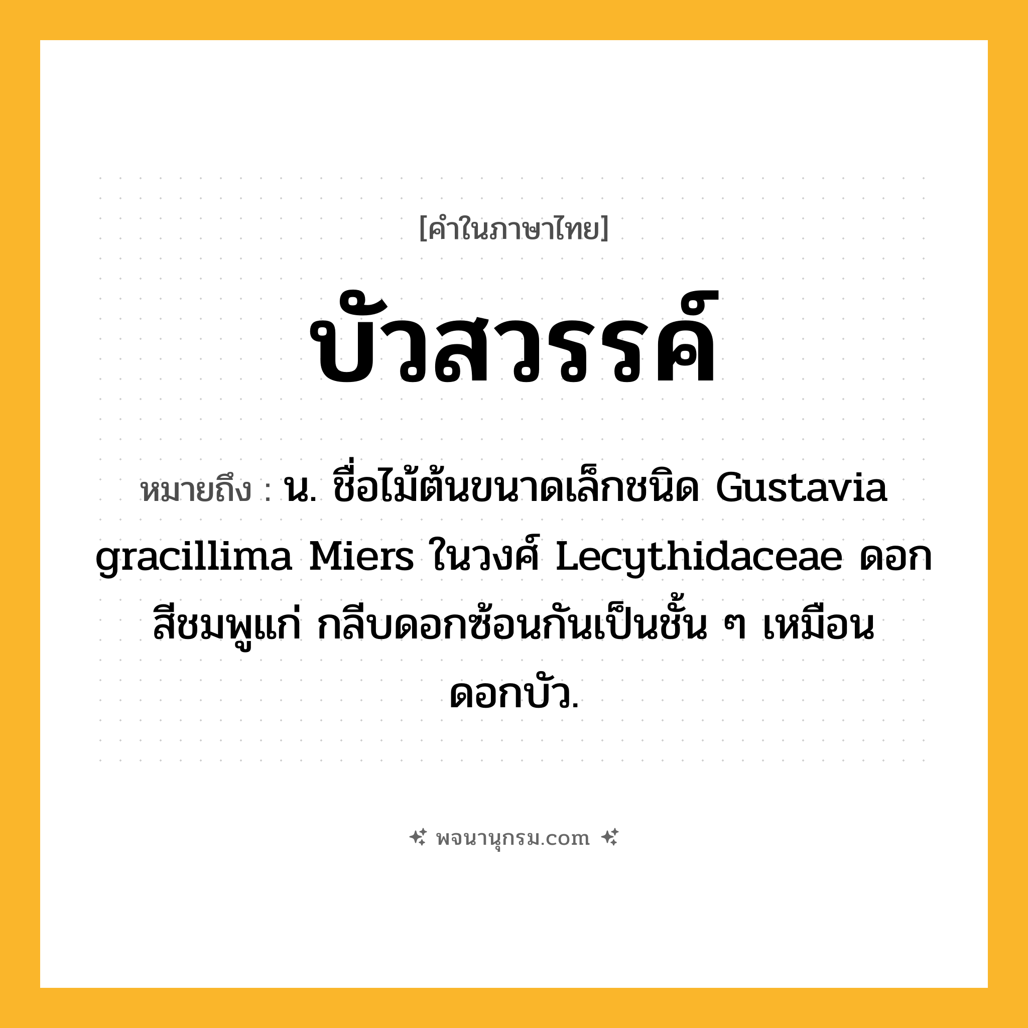 บัวสวรรค์ ความหมาย หมายถึงอะไร?, คำในภาษาไทย บัวสวรรค์ หมายถึง น. ชื่อไม้ต้นขนาดเล็กชนิด Gustavia gracillima Miers ในวงศ์ Lecythidaceae ดอกสีชมพูแก่ กลีบดอกซ้อนกันเป็นชั้น ๆ เหมือนดอกบัว.