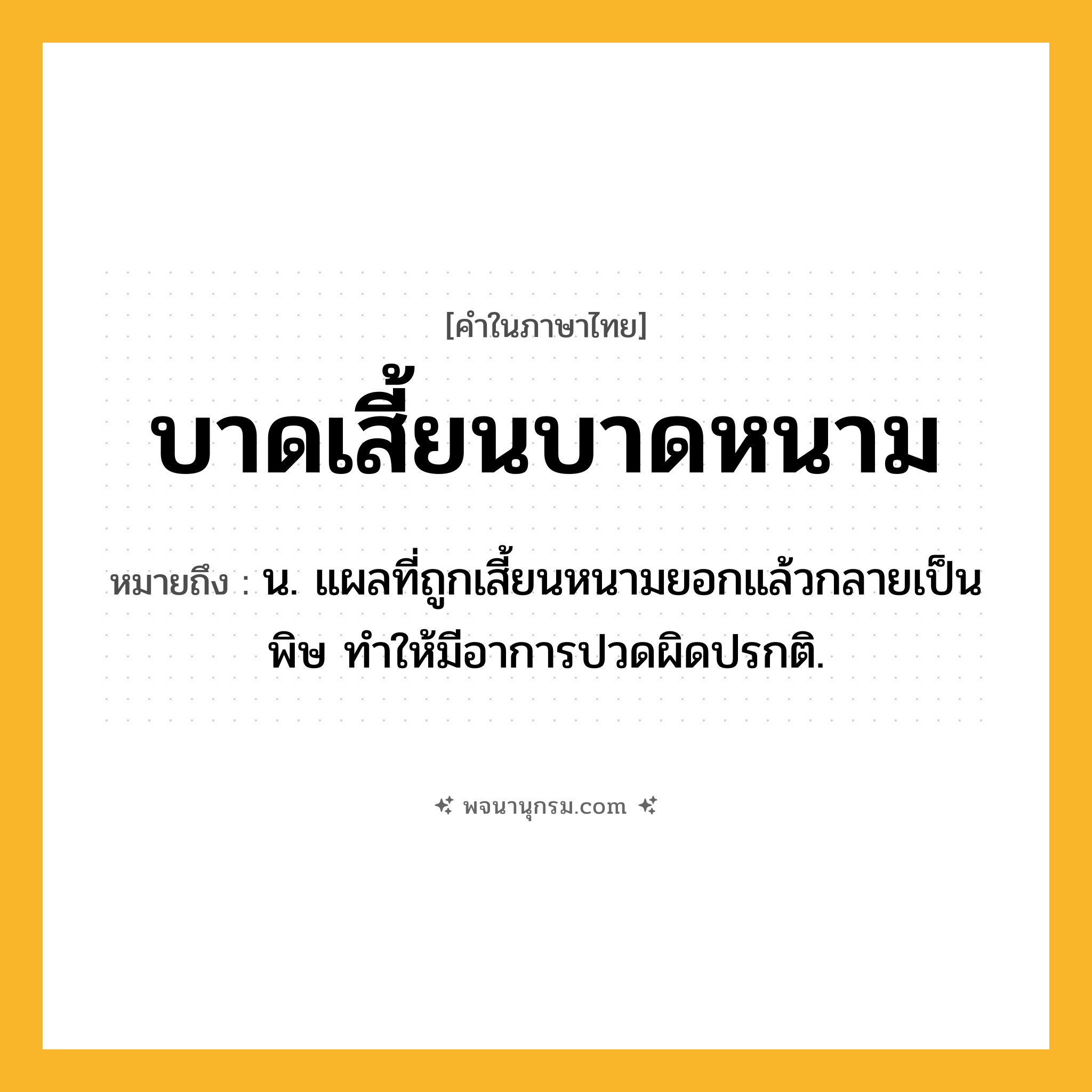 บาดเสี้ยนบาดหนาม ความหมาย หมายถึงอะไร?, คำในภาษาไทย บาดเสี้ยนบาดหนาม หมายถึง น. แผลที่ถูกเสี้ยนหนามยอกแล้วกลายเป็นพิษ ทําให้มีอาการปวดผิดปรกติ.