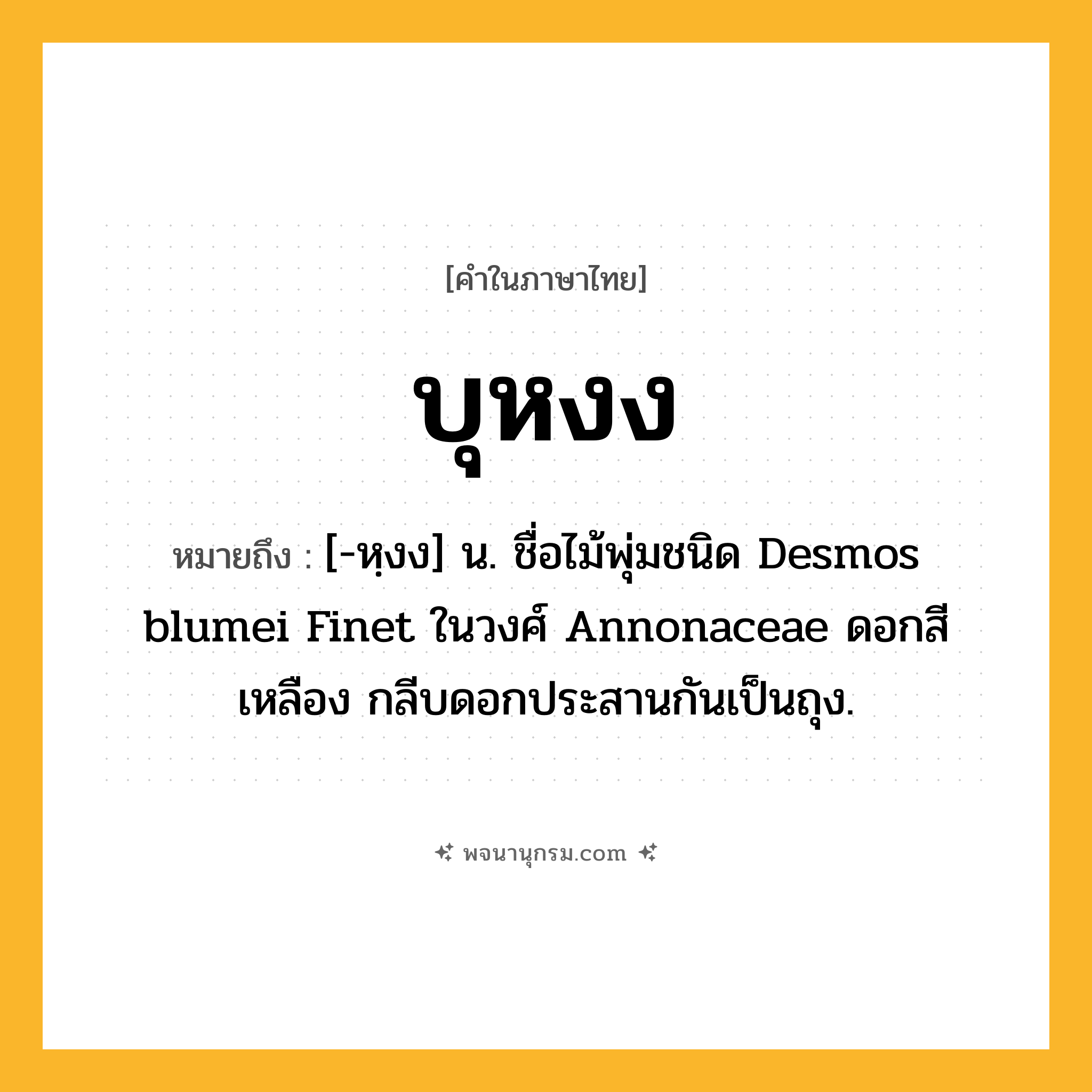 บุหงง ความหมาย หมายถึงอะไร?, คำในภาษาไทย บุหงง หมายถึง [-หฺงง] น. ชื่อไม้พุ่มชนิด Desmos blumei Finet ในวงศ์ Annonaceae ดอกสีเหลือง กลีบดอกประสานกันเป็นถุง.