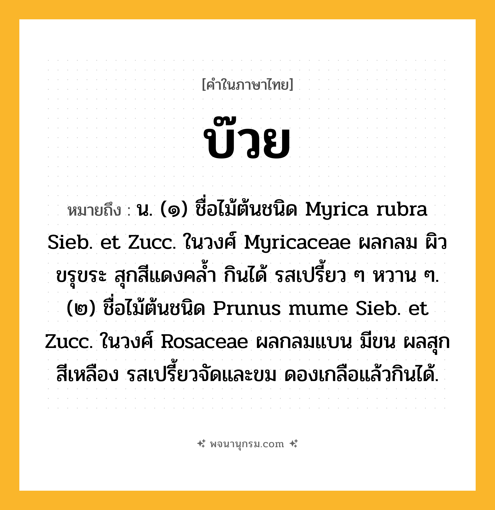 บ๊วย ความหมาย หมายถึงอะไร?, คำในภาษาไทย บ๊วย หมายถึง น. (๑) ชื่อไม้ต้นชนิด Myrica rubra Sieb. et Zucc. ในวงศ์ Myricaceae ผลกลม ผิวขรุขระ สุกสีแดงคลํ้า กินได้ รสเปรี้ยว ๆ หวาน ๆ. (๒) ชื่อไม้ต้นชนิด Prunus mume Sieb. et Zucc. ในวงศ์ Rosaceae ผลกลมแบน มีขน ผลสุกสีเหลือง รสเปรี้ยวจัดและขม ดองเกลือแล้วกินได้.