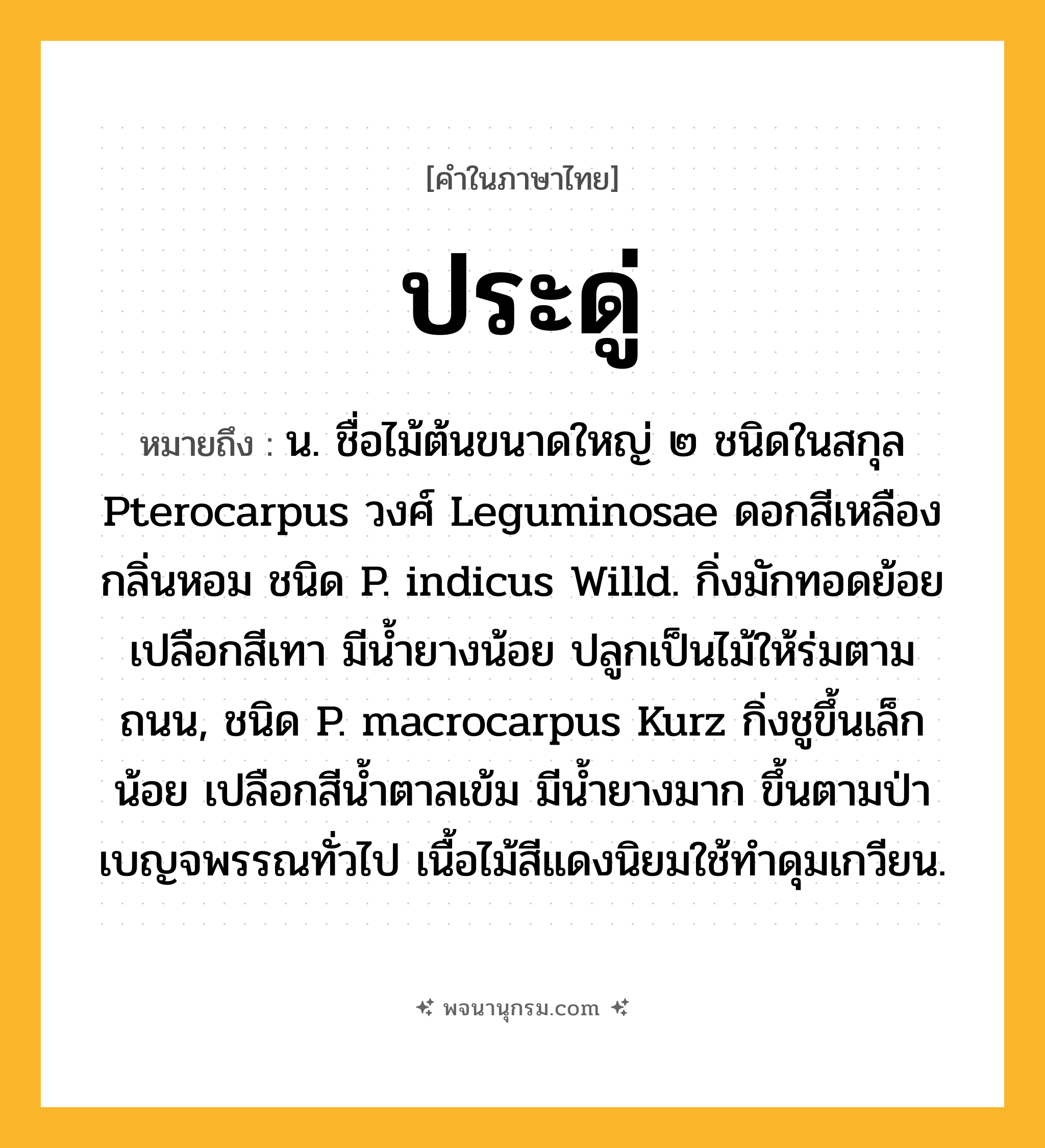 ประดู่ ความหมาย หมายถึงอะไร?, คำในภาษาไทย ประดู่ หมายถึง น. ชื่อไม้ต้นขนาดใหญ่ ๒ ชนิดในสกุล Pterocarpus วงศ์ Leguminosae ดอกสีเหลือง กลิ่นหอม ชนิด P. indicus Willd. กิ่งมักทอดย้อย เปลือกสีเทา มีนํ้ายางน้อย ปลูกเป็นไม้ให้ร่มตามถนน, ชนิด P. macrocarpus Kurz กิ่งชูขึ้นเล็กน้อย เปลือกสีนํ้าตาลเข้ม มีนํ้ายางมาก ขึ้นตามป่าเบญจพรรณทั่วไป เนื้อไม้สีแดงนิยมใช้ทําดุมเกวียน.