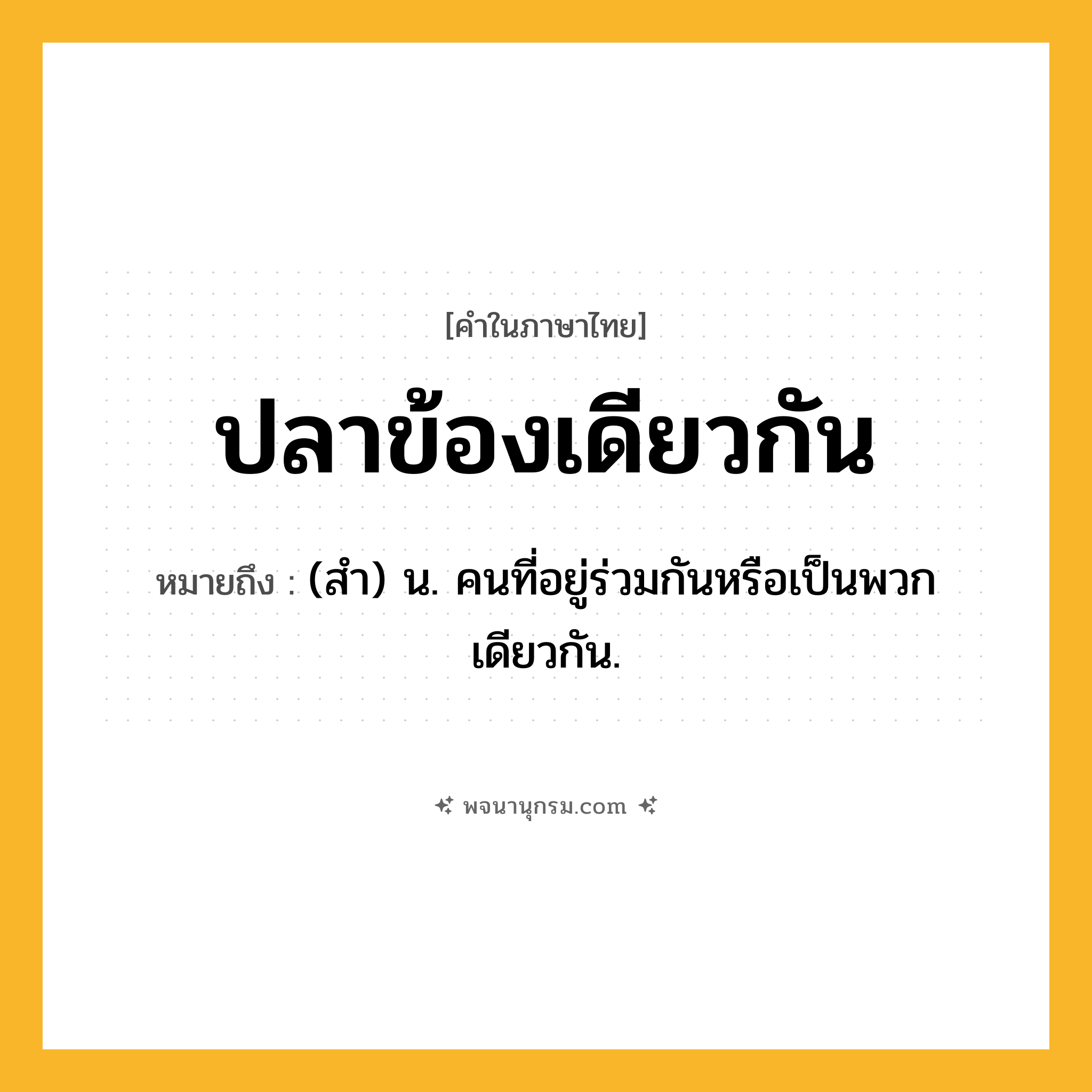 ปลาข้องเดียวกัน ความหมาย หมายถึงอะไร?, คำในภาษาไทย ปลาข้องเดียวกัน หมายถึง (สํา) น. คนที่อยู่ร่วมกันหรือเป็นพวกเดียวกัน.