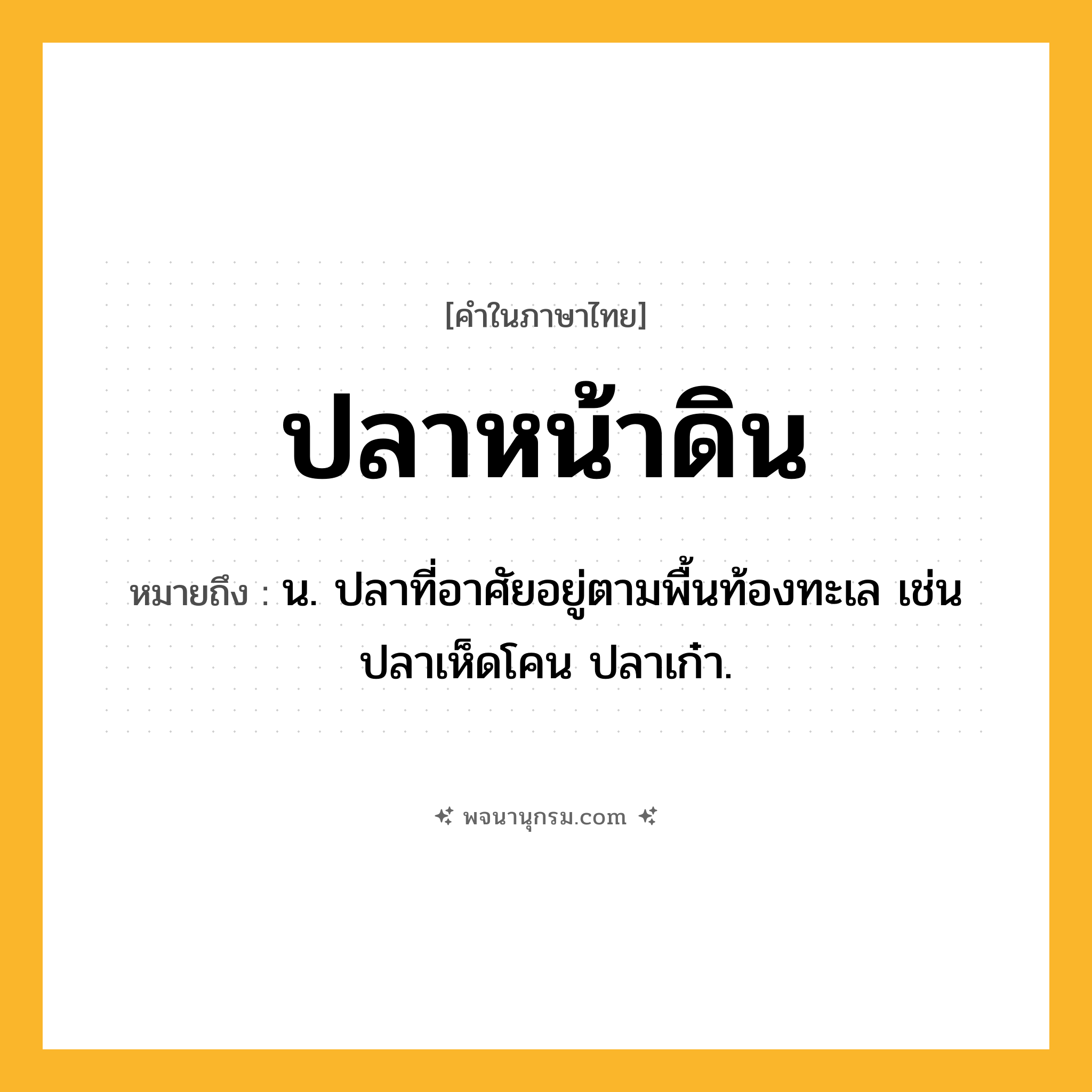 ปลาหน้าดิน ความหมาย หมายถึงอะไร?, คำในภาษาไทย ปลาหน้าดิน หมายถึง น. ปลาที่อาศัยอยู่ตามพื้นท้องทะเล เช่น ปลาเห็ดโคน ปลาเก๋า.