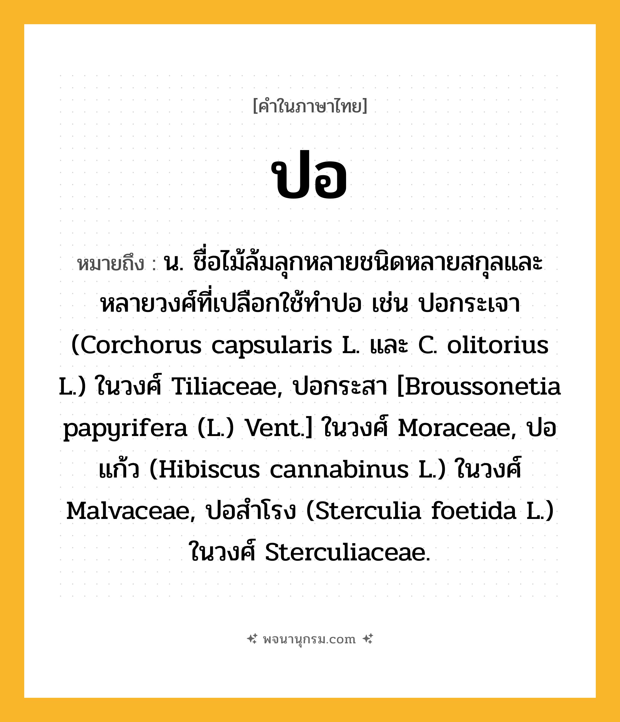 ปอ ความหมาย หมายถึงอะไร?, คำในภาษาไทย ปอ หมายถึง น. ชื่อไม้ล้มลุกหลายชนิดหลายสกุลและหลายวงศ์ที่เปลือกใช้ทําปอ เช่น ปอกระเจา (Corchorus capsularis L. และ C. olitorius L.) ในวงศ์ Tiliaceae, ปอกระสา [Broussonetia papyrifera (L.) Vent.] ในวงศ์ Moraceae, ปอแก้ว (Hibiscus cannabinus L.) ในวงศ์ Malvaceae, ปอสําโรง (Sterculia foetida L.) ในวงศ์ Sterculiaceae.