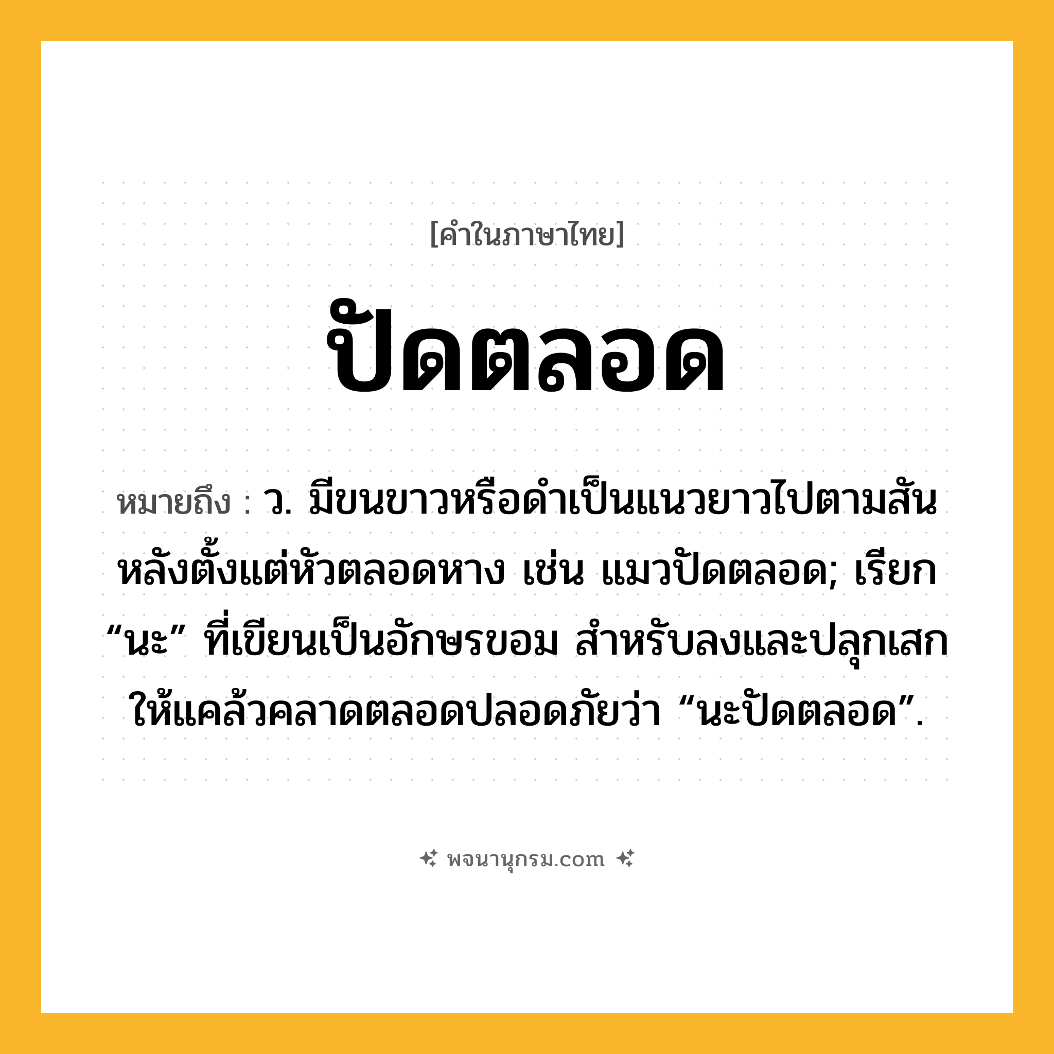 ปัดตลอด ความหมาย หมายถึงอะไร?, คำในภาษาไทย ปัดตลอด หมายถึง ว. มีขนขาวหรือดําเป็นแนวยาวไปตามสันหลังตั้งแต่หัวตลอดหาง เช่น แมวปัดตลอด; เรียก “นะ” ที่เขียนเป็นอักษรขอม สําหรับลงและปลุกเสกให้แคล้วคลาดตลอดปลอดภัยว่า “นะปัดตลอด”.