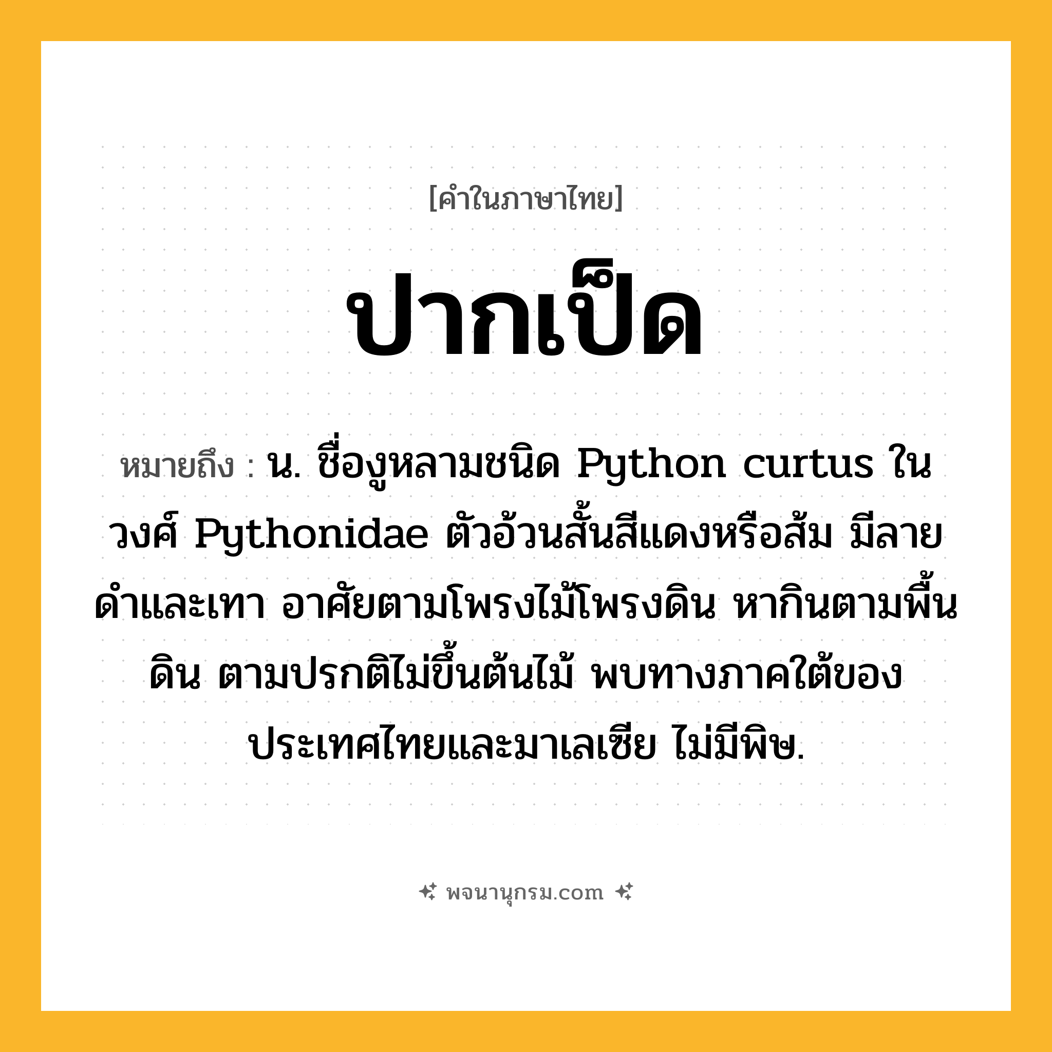 ปากเป็ด ความหมาย หมายถึงอะไร?, คำในภาษาไทย ปากเป็ด หมายถึง น. ชื่องูหลามชนิด Python curtus ในวงศ์ Pythonidae ตัวอ้วนสั้นสีแดงหรือส้ม มีลายดําและเทา อาศัยตามโพรงไม้โพรงดิน หากินตามพื้นดิน ตามปรกติไม่ขึ้นต้นไม้ พบทางภาคใต้ของประเทศไทยและมาเลเซีย ไม่มีพิษ.