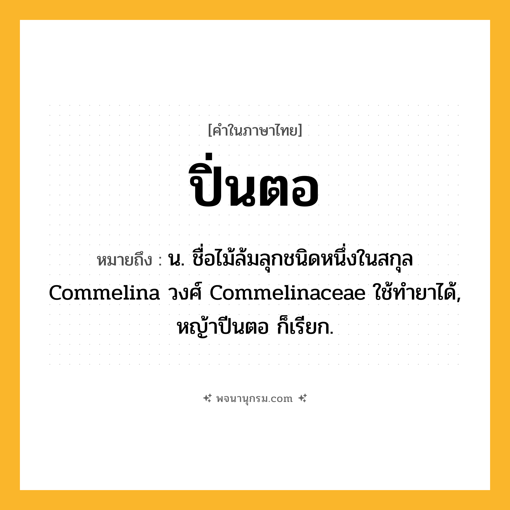 ปิ่นตอ ความหมาย หมายถึงอะไร?, คำในภาษาไทย ปิ่นตอ หมายถึง น. ชื่อไม้ล้มลุกชนิดหนึ่งในสกุล Commelina วงศ์ Commelinaceae ใช้ทํายาได้, หญ้าปีนตอ ก็เรียก.