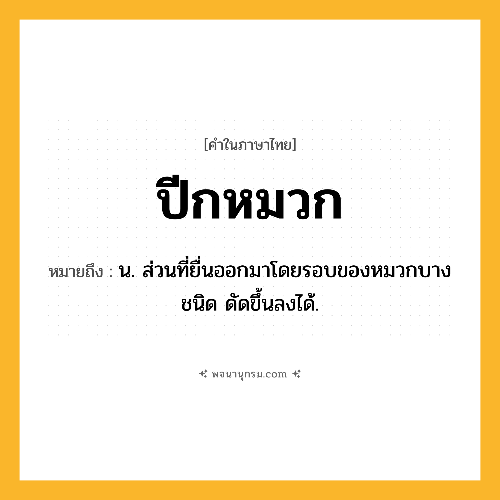 ปีกหมวก ความหมาย หมายถึงอะไร?, คำในภาษาไทย ปีกหมวก หมายถึง น. ส่วนที่ยื่นออกมาโดยรอบของหมวกบางชนิด ดัดขึ้นลงได้.