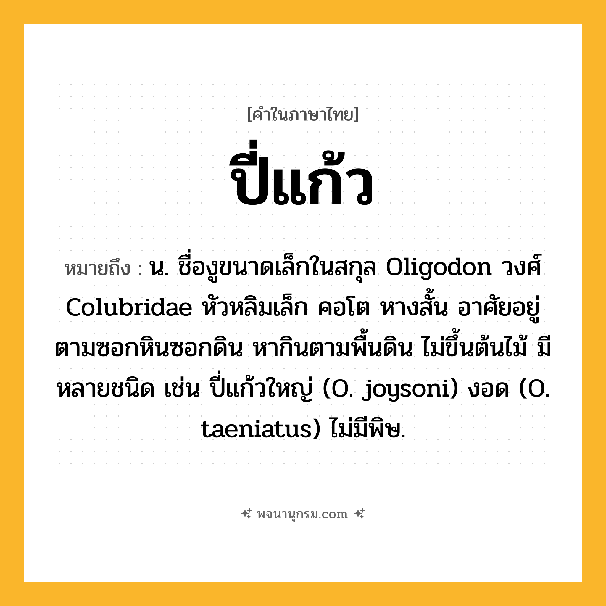 ปี่แก้ว ความหมาย หมายถึงอะไร?, คำในภาษาไทย ปี่แก้ว หมายถึง น. ชื่องูขนาดเล็กในสกุล Oligodon วงศ์ Colubridae หัวหลิมเล็ก คอโต หางสั้น อาศัยอยู่ตามซอกหินซอกดิน หากินตามพื้นดิน ไม่ขึ้นต้นไม้ มีหลายชนิด เช่น ปี่แก้วใหญ่ (O. joysoni) งอด (O. taeniatus) ไม่มีพิษ.