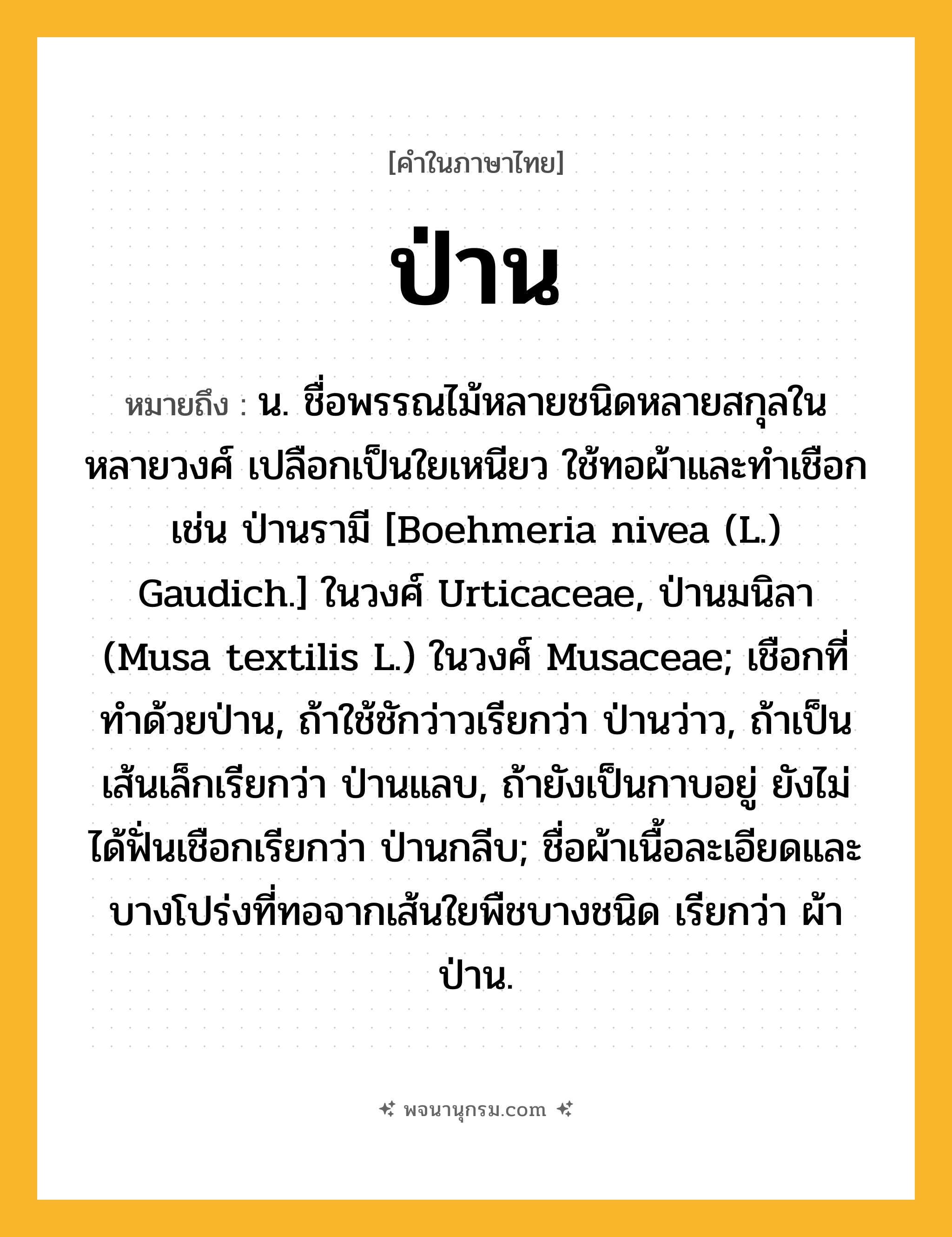 ป่าน ความหมาย หมายถึงอะไร?, คำในภาษาไทย ป่าน หมายถึง น. ชื่อพรรณไม้หลายชนิดหลายสกุลในหลายวงศ์ เปลือกเป็นใยเหนียว ใช้ทอผ้าและทําเชือก เช่น ป่านรามี [Boehmeria nivea (L.) Gaudich.] ในวงศ์ Urticaceae, ป่านมนิลา (Musa textilis L.) ในวงศ์ Musaceae; เชือกที่ทําด้วยป่าน, ถ้าใช้ชักว่าวเรียกว่า ป่านว่าว, ถ้าเป็นเส้นเล็กเรียกว่า ป่านแลบ, ถ้ายังเป็นกาบอยู่ ยังไม่ได้ฟั่นเชือกเรียกว่า ป่านกลีบ; ชื่อผ้าเนื้อละเอียดและบางโปร่งที่ทอจากเส้นใยพืชบางชนิด เรียกว่า ผ้าป่าน.