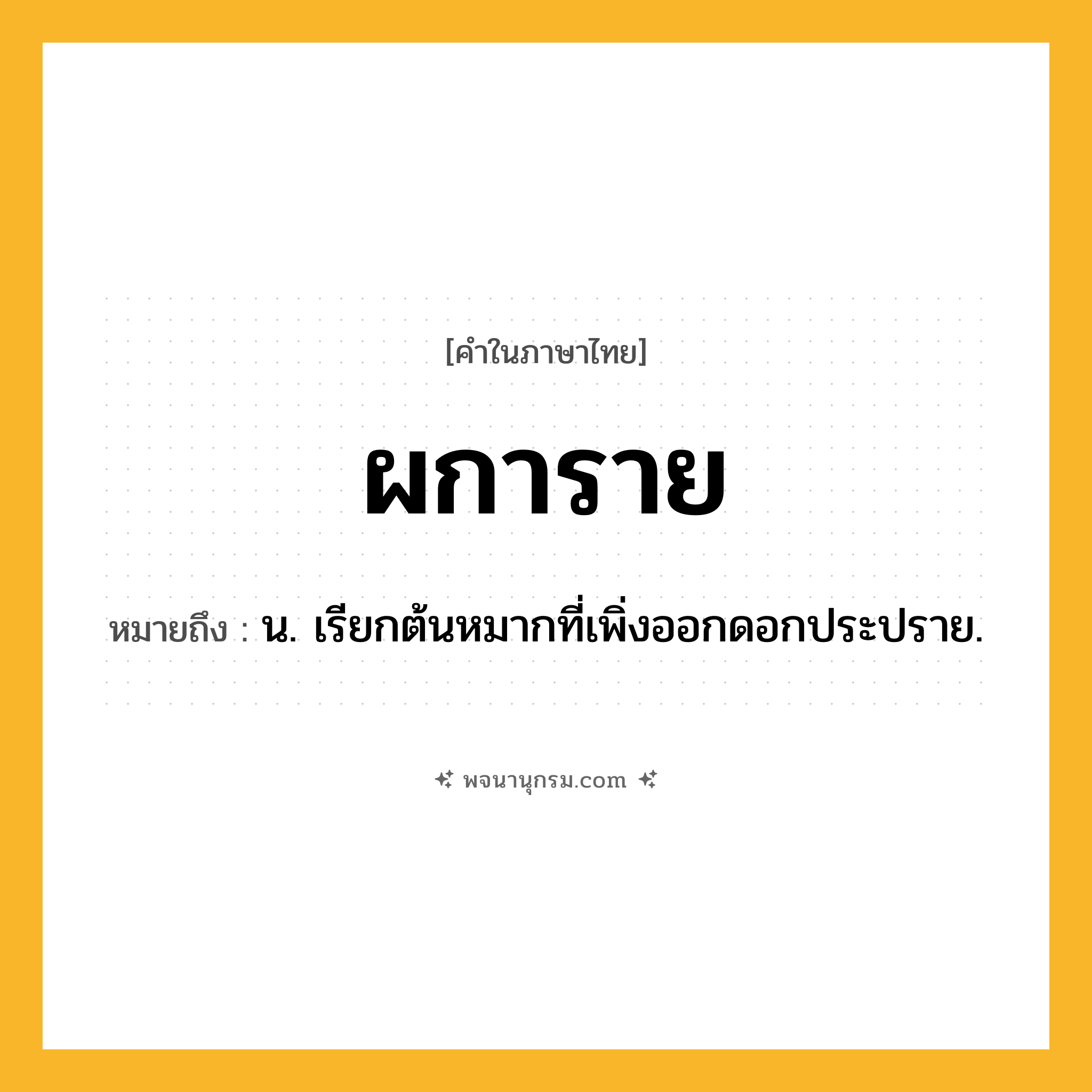 ผการาย ความหมาย หมายถึงอะไร?, คำในภาษาไทย ผการาย หมายถึง น. เรียกต้นหมากที่เพิ่งออกดอกประปราย.