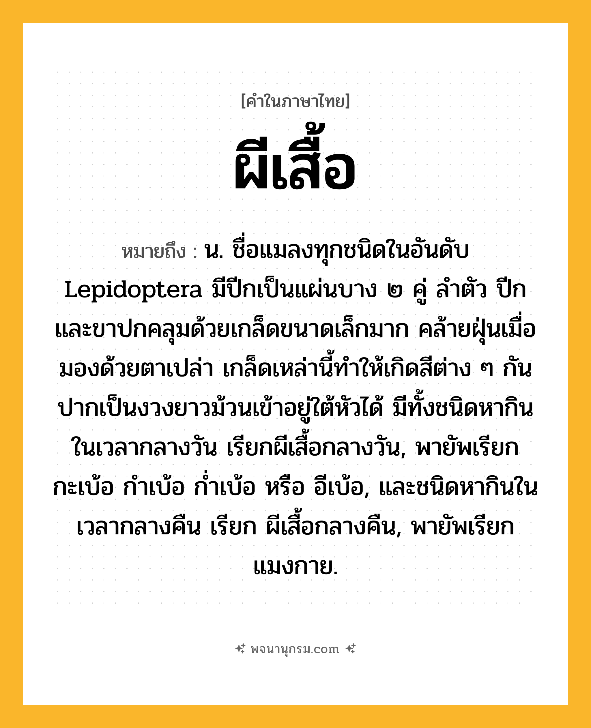 ผีเสื้อ ความหมาย หมายถึงอะไร?, คำในภาษาไทย ผีเสื้อ หมายถึง น. ชื่อแมลงทุกชนิดในอันดับ Lepidoptera มีปีกเป็นแผ่นบาง ๒ คู่ ลําตัว ปีก และขาปกคลุมด้วยเกล็ดขนาดเล็กมาก คล้ายฝุ่นเมื่อมองด้วยตาเปล่า เกล็ดเหล่านี้ทําให้เกิดสีต่าง ๆ กัน ปากเป็นงวงยาวม้วนเข้าอยู่ใต้หัวได้ มีทั้งชนิดหากินในเวลากลางวัน เรียกผีเสื้อกลางวัน, พายัพเรียก กะเบ้อ กำเบ้อ ก่ำเบ้อ หรือ อีเบ้อ, และชนิดหากินในเวลากลางคืน เรียก ผีเสื้อกลางคืน, พายัพเรียก แมงกาย.