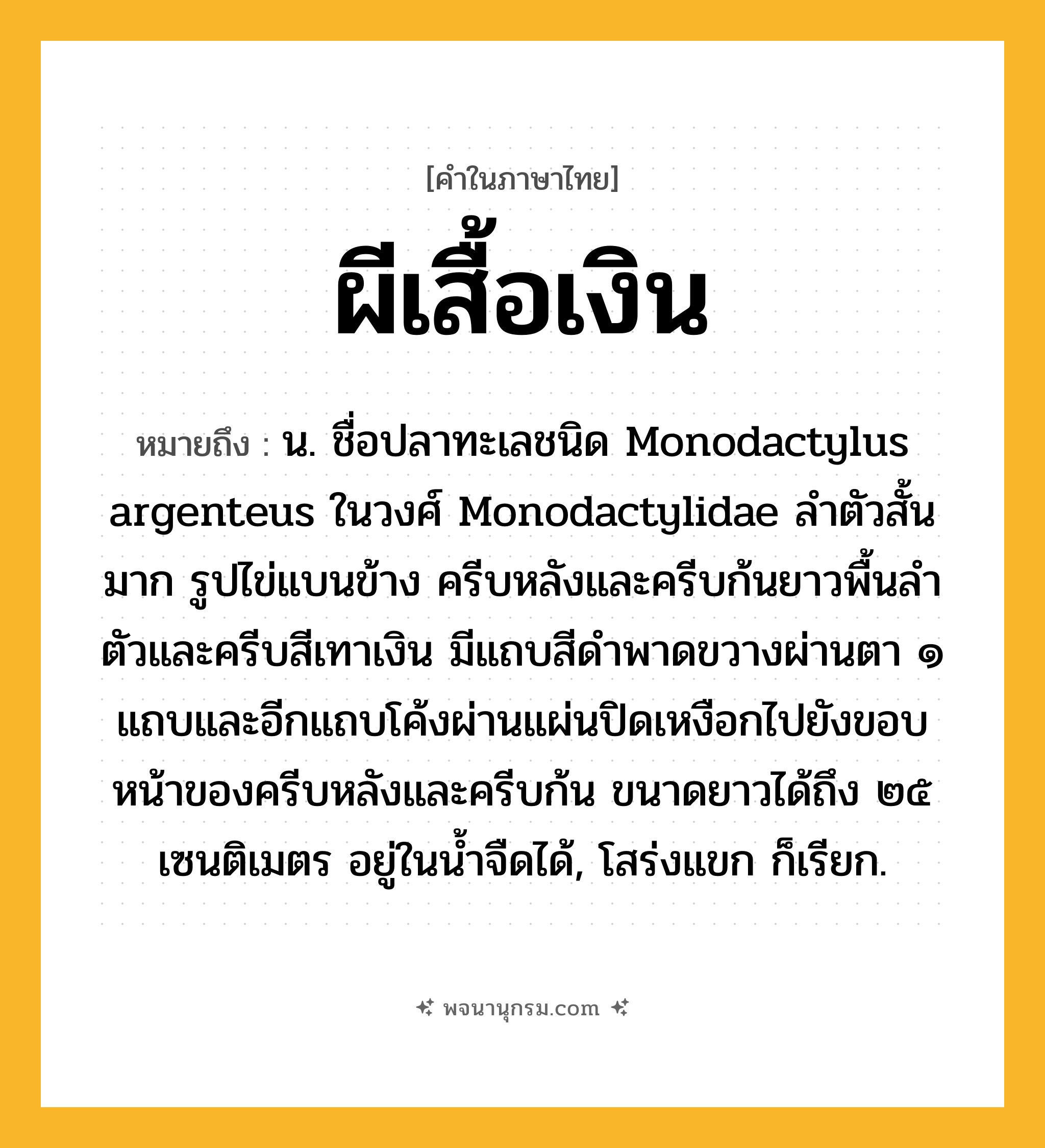 ผีเสื้อเงิน ความหมาย หมายถึงอะไร?, คำในภาษาไทย ผีเสื้อเงิน หมายถึง น. ชื่อปลาทะเลชนิด Monodactylus argenteus ในวงศ์ Monodactylidae ลำตัวสั้นมาก รูปไข่แบนข้าง ครีบหลังและครีบก้นยาวพื้นลําตัวและครีบสีเทาเงิน มีแถบสีดําพาดขวางผ่านตา ๑ แถบและอีกแถบโค้งผ่านแผ่นปิดเหงือกไปยังขอบหน้าของครีบหลังและครีบก้น ขนาดยาวได้ถึง ๒๕ เซนติเมตร อยู่ในนํ้าจืดได้, โสร่งแขก ก็เรียก.