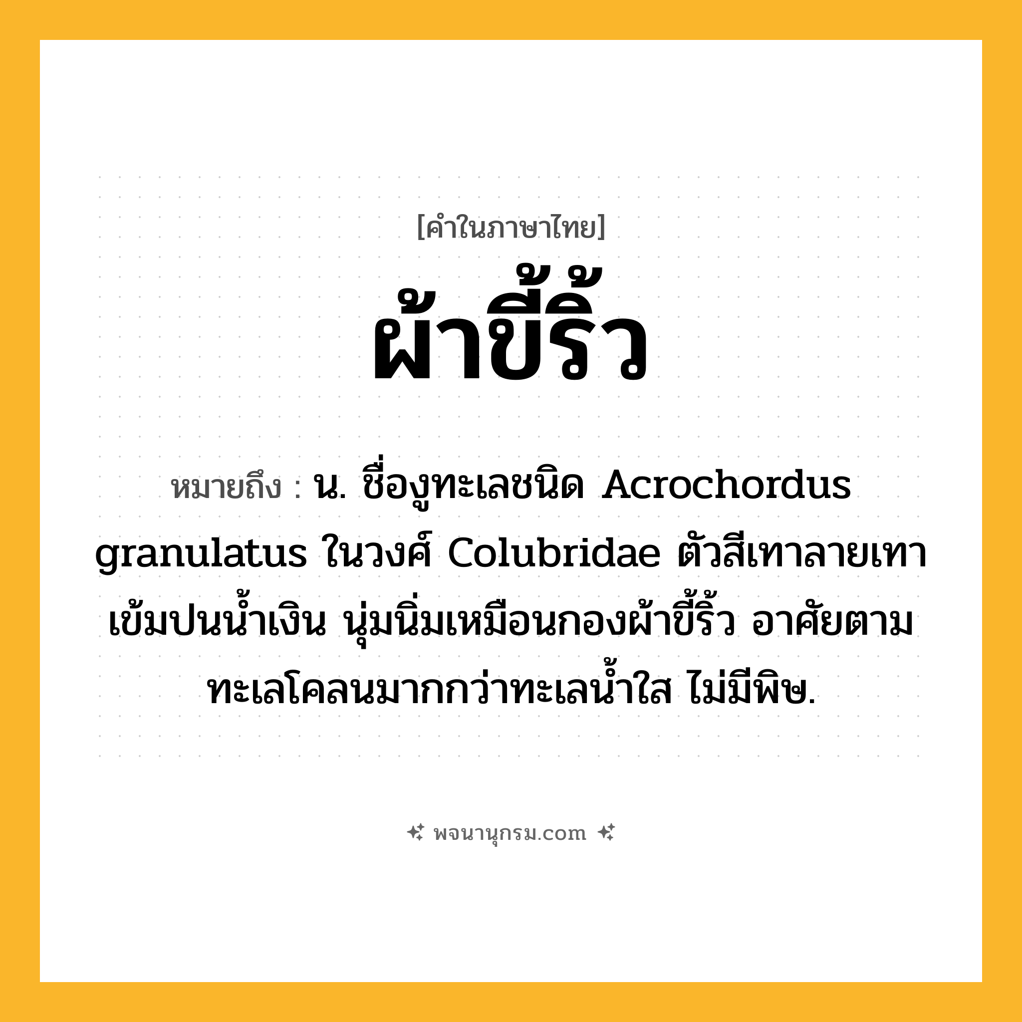 ผ้าขี้ริ้ว ความหมาย หมายถึงอะไร?, คำในภาษาไทย ผ้าขี้ริ้ว หมายถึง น. ชื่องูทะเลชนิด Acrochordus granulatus ในวงศ์ Colubridae ตัวสีเทาลายเทาเข้มปนนํ้าเงิน นุ่มนิ่มเหมือนกองผ้าขี้ริ้ว อาศัยตามทะเลโคลนมากกว่าทะเลนํ้าใส ไม่มีพิษ.