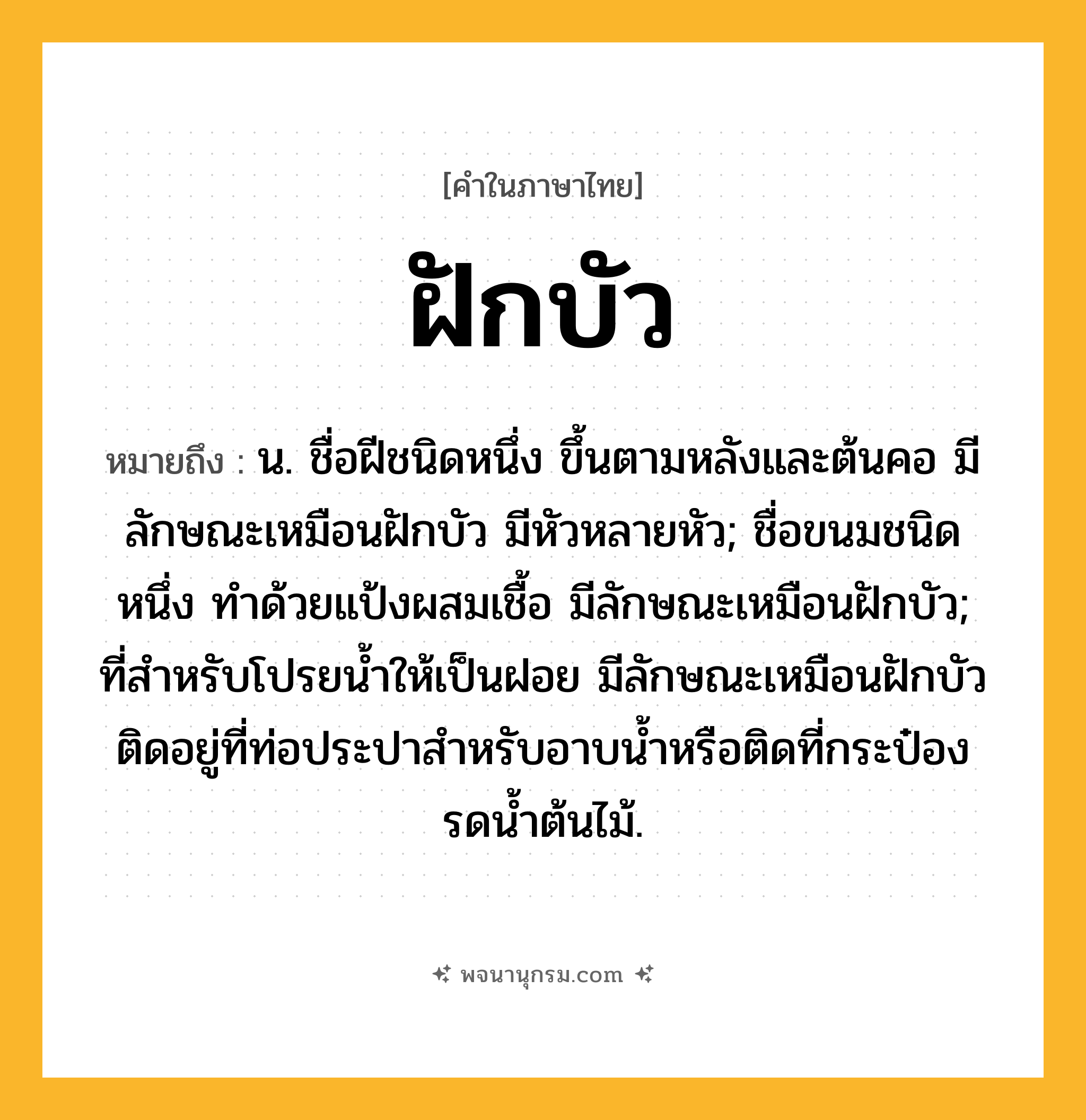 ฝักบัว ความหมาย หมายถึงอะไร?, คำในภาษาไทย ฝักบัว หมายถึง น. ชื่อฝีชนิดหนึ่ง ขึ้นตามหลังและต้นคอ มีลักษณะเหมือนฝักบัว มีหัวหลายหัว; ชื่อขนมชนิดหนึ่ง ทําด้วยแป้งผสมเชื้อ มีลักษณะเหมือนฝักบัว; ที่สําหรับโปรยนํ้าให้เป็นฝอย มีลักษณะเหมือนฝักบัว ติดอยู่ที่ท่อประปาสำหรับอาบน้ำหรือติดที่กระป๋องรดน้ำต้นไม้.