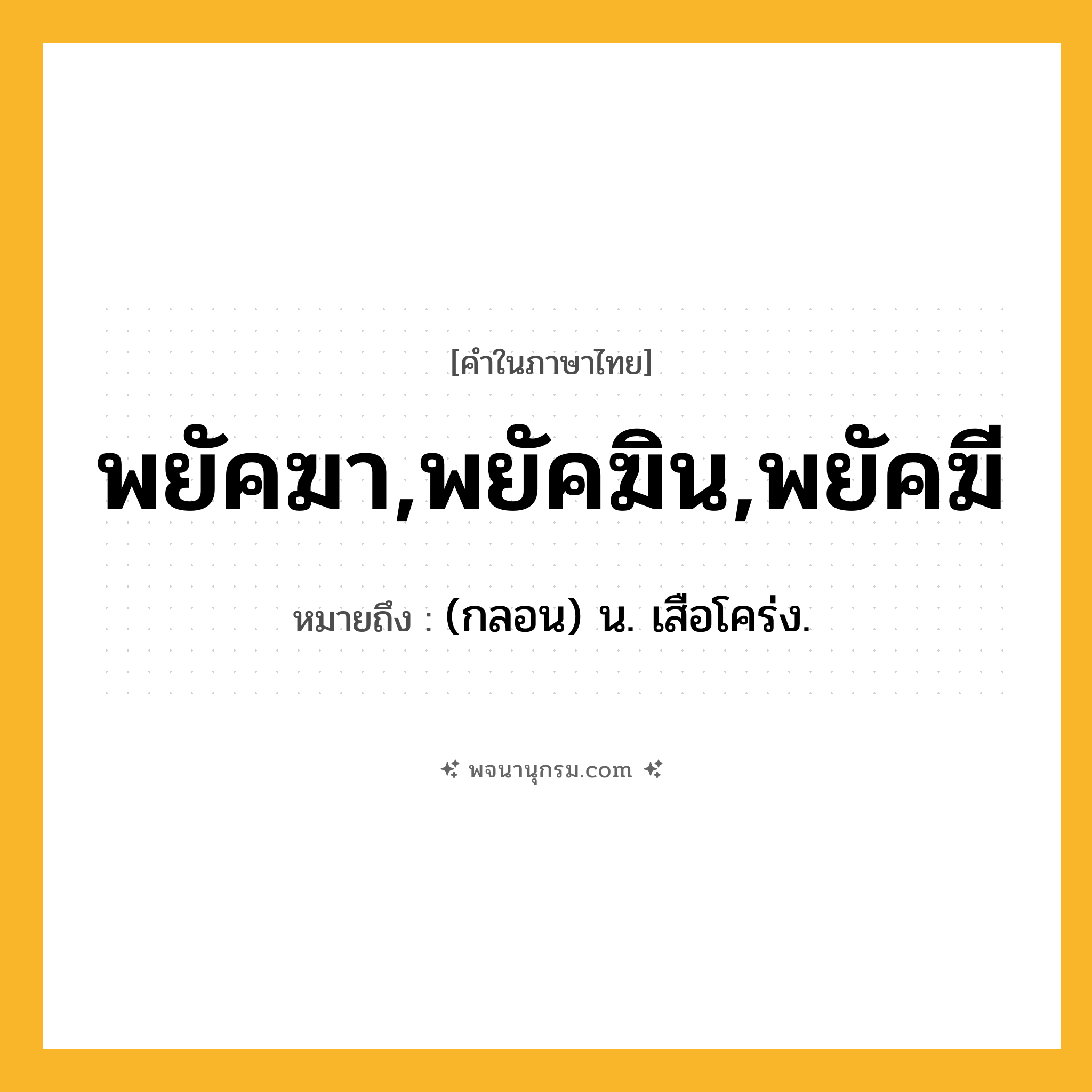 พยัคฆา,พยัคฆิน,พยัคฆี ความหมาย หมายถึงอะไร?, คำในภาษาไทย พยัคฆา,พยัคฆิน,พยัคฆี หมายถึง (กลอน) น. เสือโคร่ง.