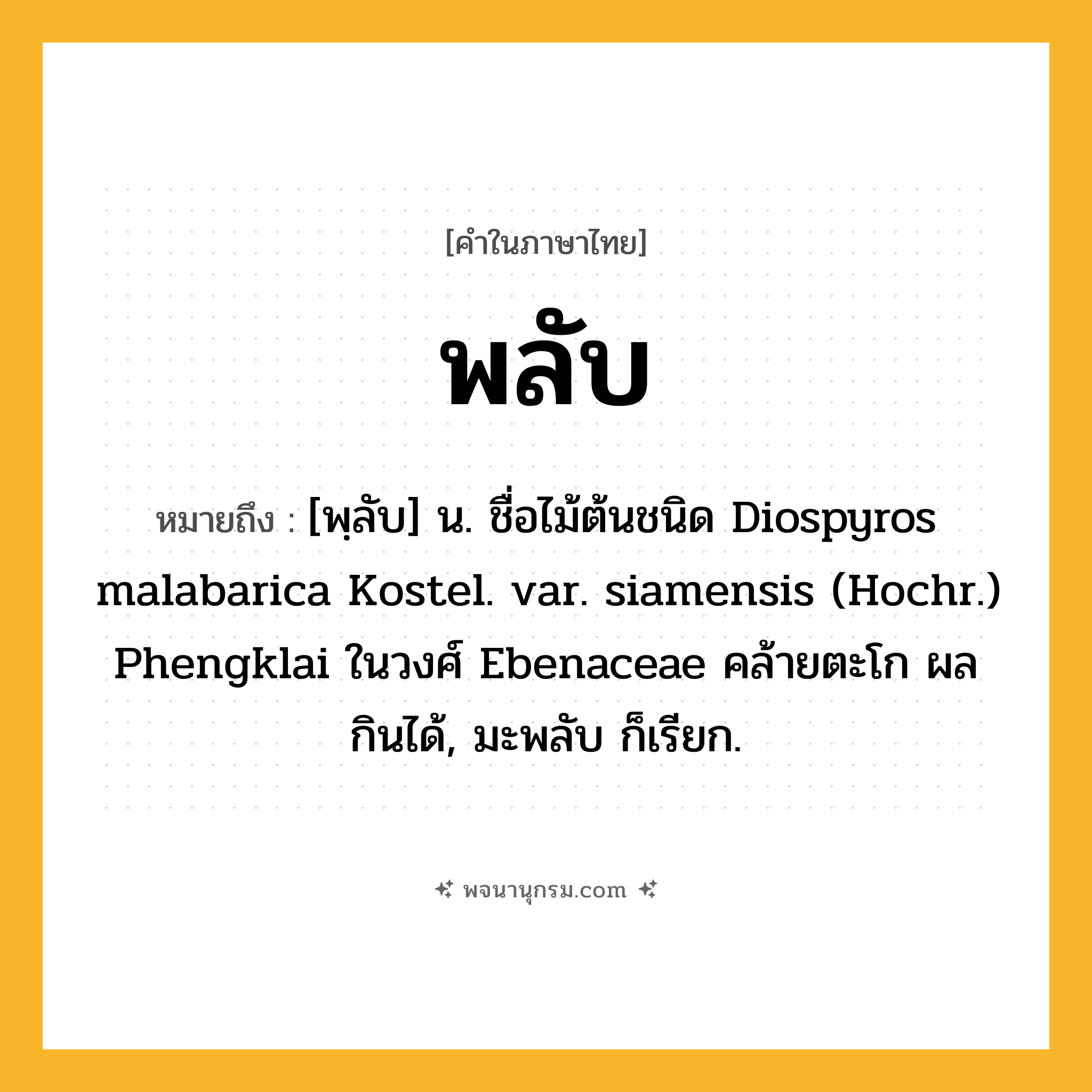 พลับ ความหมาย หมายถึงอะไร?, คำในภาษาไทย พลับ หมายถึง [พฺลับ] น. ชื่อไม้ต้นชนิด Diospyros malabarica Kostel. var. siamensis (Hochr.) Phengklai ในวงศ์ Ebenaceae คล้ายตะโก ผลกินได้, มะพลับ ก็เรียก.
