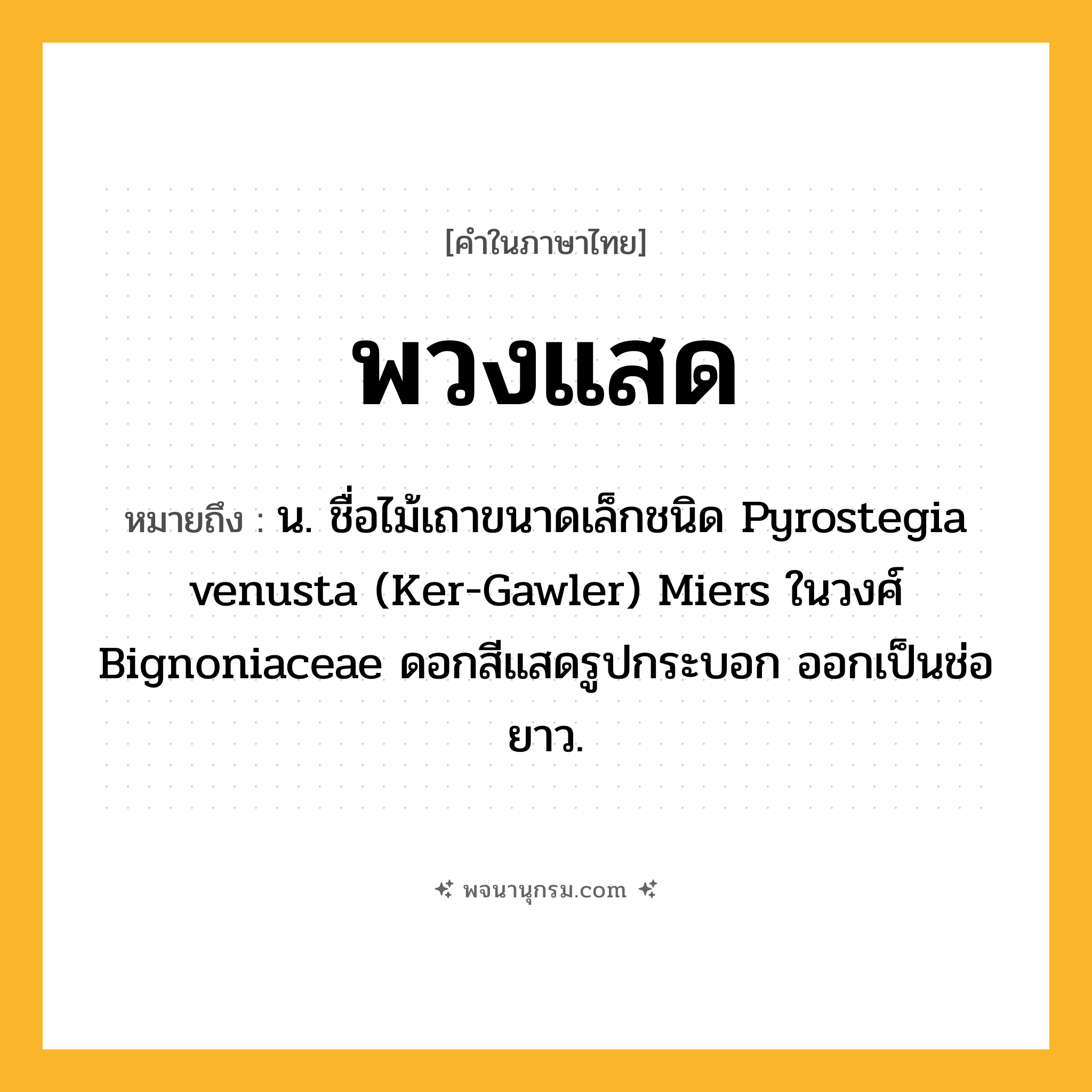 พวงแสด ความหมาย หมายถึงอะไร?, คำในภาษาไทย พวงแสด หมายถึง น. ชื่อไม้เถาขนาดเล็กชนิด Pyrostegia venusta (Ker-Gawler) Miers ในวงศ์ Bignoniaceae ดอกสีแสดรูปกระบอก ออกเป็นช่อยาว.