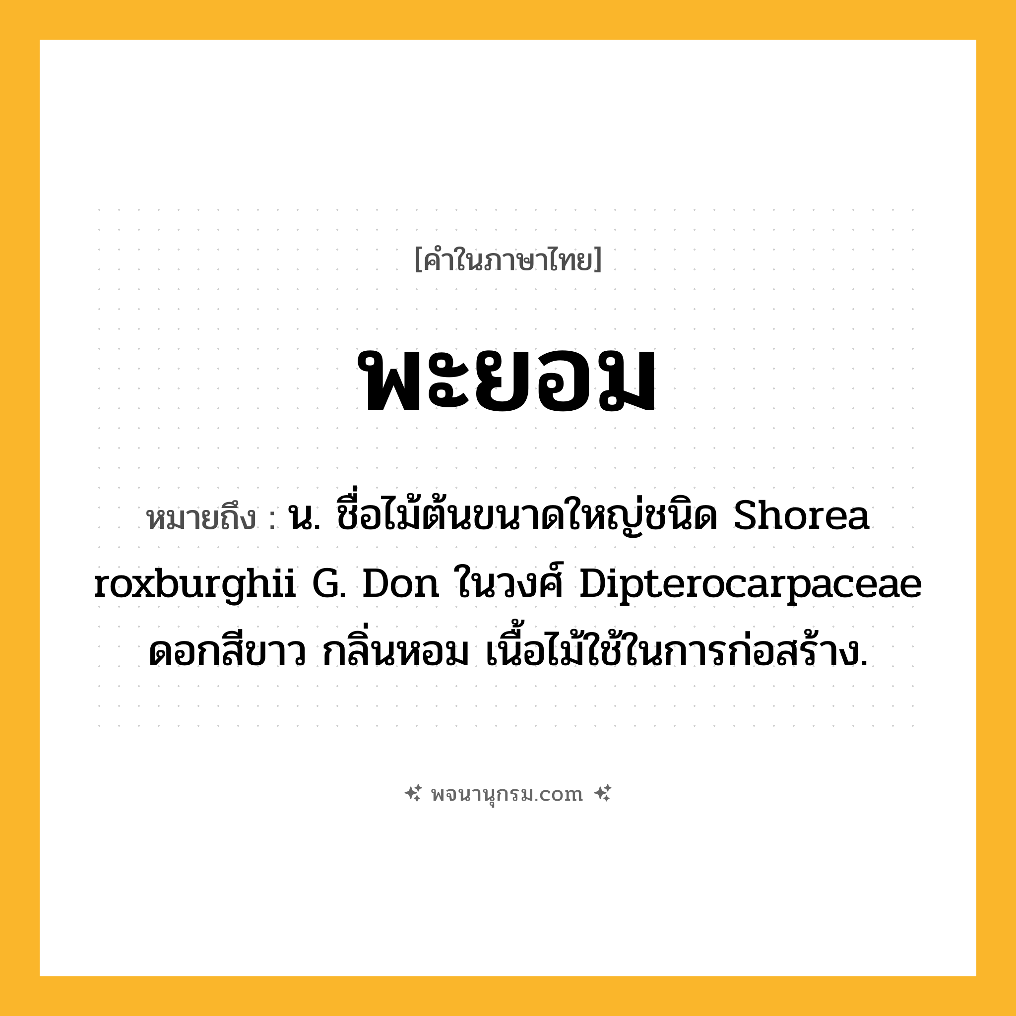 พะยอม ความหมาย หมายถึงอะไร?, คำในภาษาไทย พะยอม หมายถึง น. ชื่อไม้ต้นขนาดใหญ่ชนิด Shorea roxburghii G. Don ในวงศ์ Dipterocarpaceae ดอกสีขาว กลิ่นหอม เนื้อไม้ใช้ในการก่อสร้าง.
