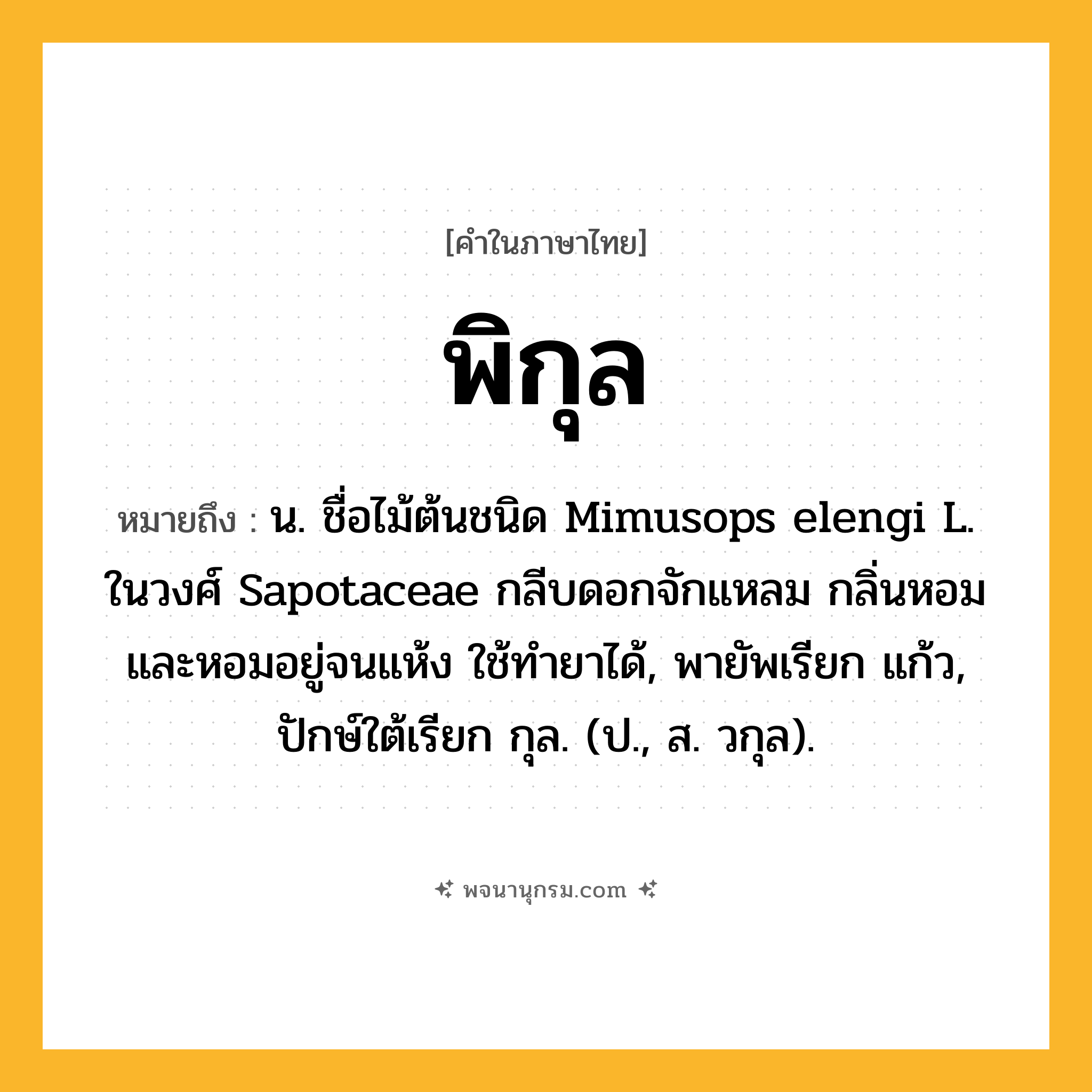 พิกุล ความหมาย หมายถึงอะไร?, คำในภาษาไทย พิกุล หมายถึง น. ชื่อไม้ต้นชนิด Mimusops elengi L. ในวงศ์ Sapotaceae กลีบดอกจักแหลม กลิ่นหอมและหอมอยู่จนแห้ง ใช้ทํายาได้, พายัพเรียก แก้ว, ปักษ์ใต้เรียก กุล. (ป., ส. วกุล).