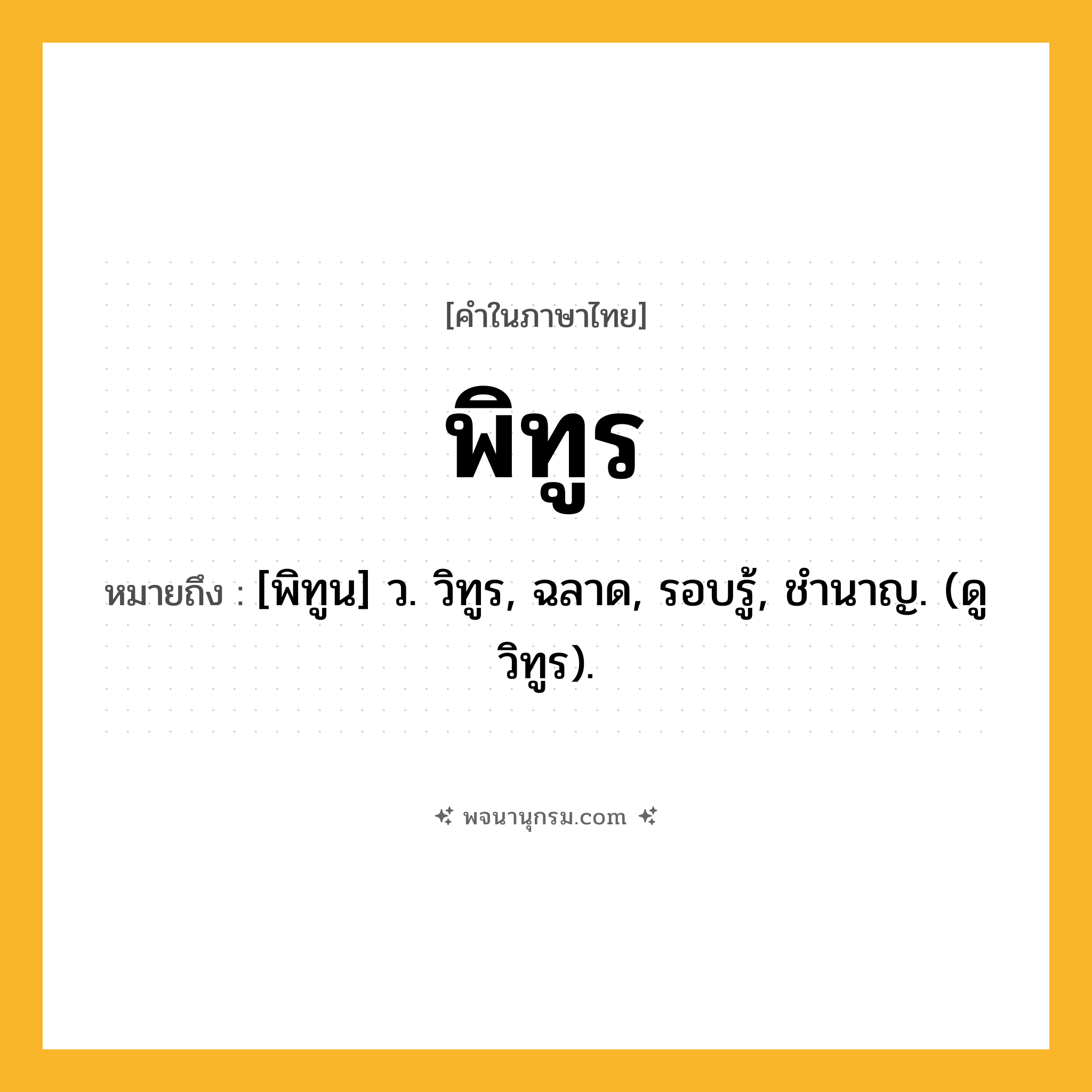 พิทูร ความหมาย หมายถึงอะไร?, คำในภาษาไทย พิทูร หมายถึง [พิทูน] ว. วิทูร, ฉลาด, รอบรู้, ชํานาญ. (ดู วิทูร).