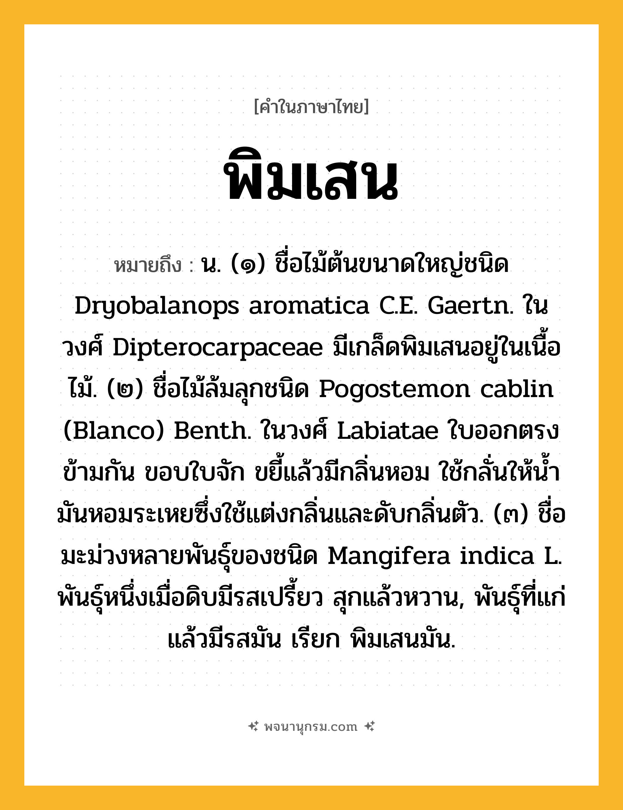 พิมเสน ความหมาย หมายถึงอะไร?, คำในภาษาไทย พิมเสน หมายถึง น. (๑) ชื่อไม้ต้นขนาดใหญ่ชนิด Dryobalanops aromatica C.E. Gaertn. ในวงศ์ Dipterocarpaceae มีเกล็ดพิมเสนอยู่ในเนื้อไม้. (๒) ชื่อไม้ล้มลุกชนิด Pogostemon cablin (Blanco) Benth. ในวงศ์ Labiatae ใบออกตรงข้ามกัน ขอบใบจัก ขยี้แล้วมีกลิ่นหอม ใช้กลั่นให้นํ้ามันหอมระเหยซึ่งใช้แต่งกลิ่นและดับกลิ่นตัว. (๓) ชื่อมะม่วงหลายพันธุ์ของชนิด Mangifera indica L. พันธุ์หนึ่งเมื่อดิบมีรสเปรี้ยว สุกแล้วหวาน, พันธุ์ที่แก่แล้วมีรสมัน เรียก พิมเสนมัน.