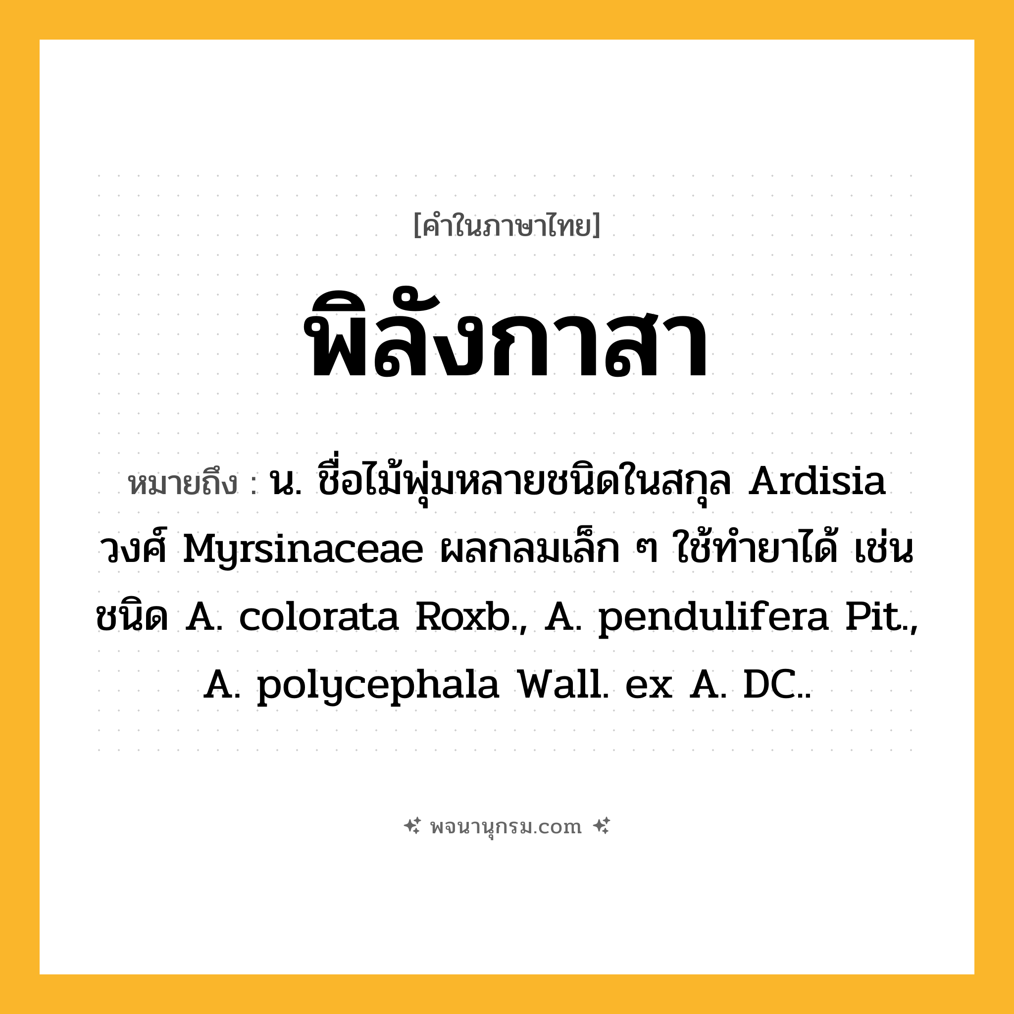 พิลังกาสา ความหมาย หมายถึงอะไร?, คำในภาษาไทย พิลังกาสา หมายถึง น. ชื่อไม้พุ่มหลายชนิดในสกุล Ardisia วงศ์ Myrsinaceae ผลกลมเล็ก ๆ ใช้ทํายาได้ เช่น ชนิด A. colorata Roxb., A. pendulifera Pit., A. polycephala Wall. ex A. DC..