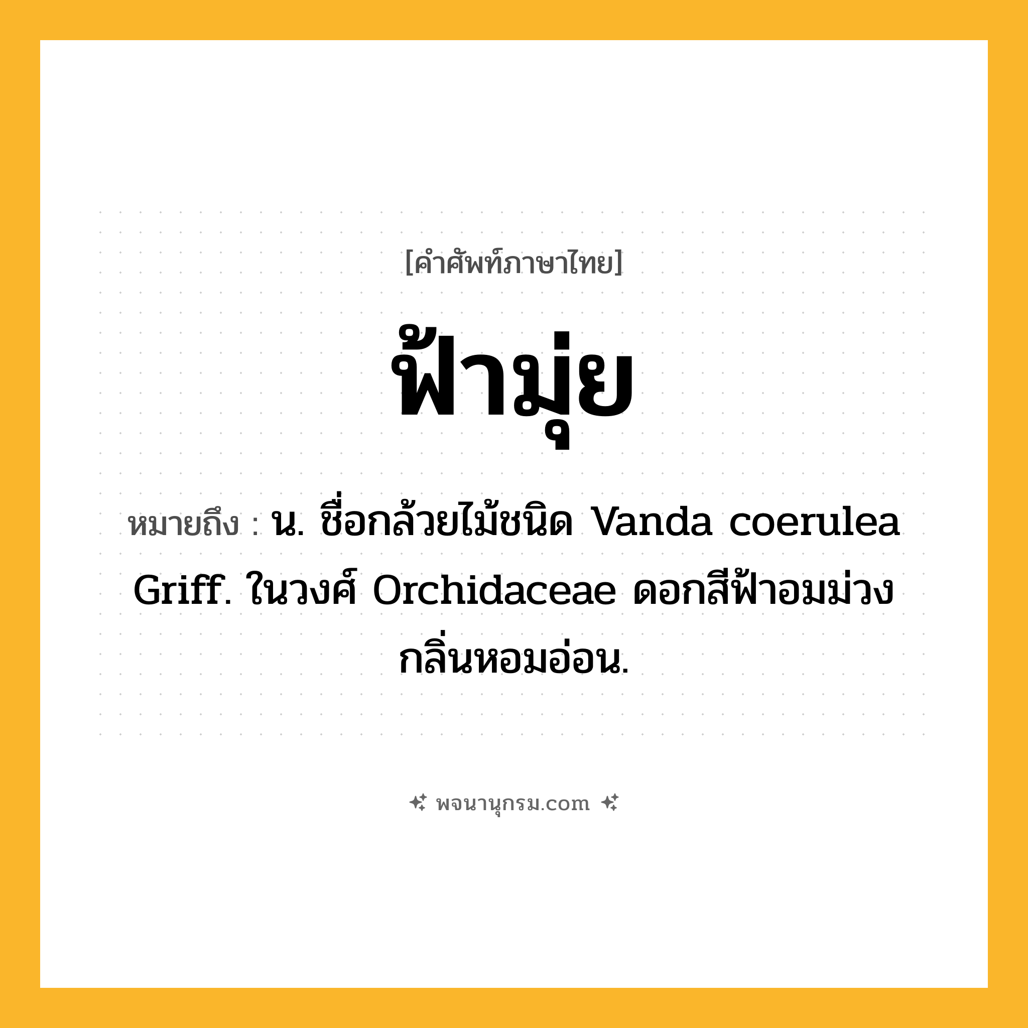 ฟ้ามุ่ย ความหมาย หมายถึงอะไร?, คำในภาษาไทย ฟ้ามุ่ย หมายถึง น. ชื่อกล้วยไม้ชนิด Vanda coerulea Griff. ในวงศ์ Orchidaceae ดอกสีฟ้าอมม่วง กลิ่นหอมอ่อน.