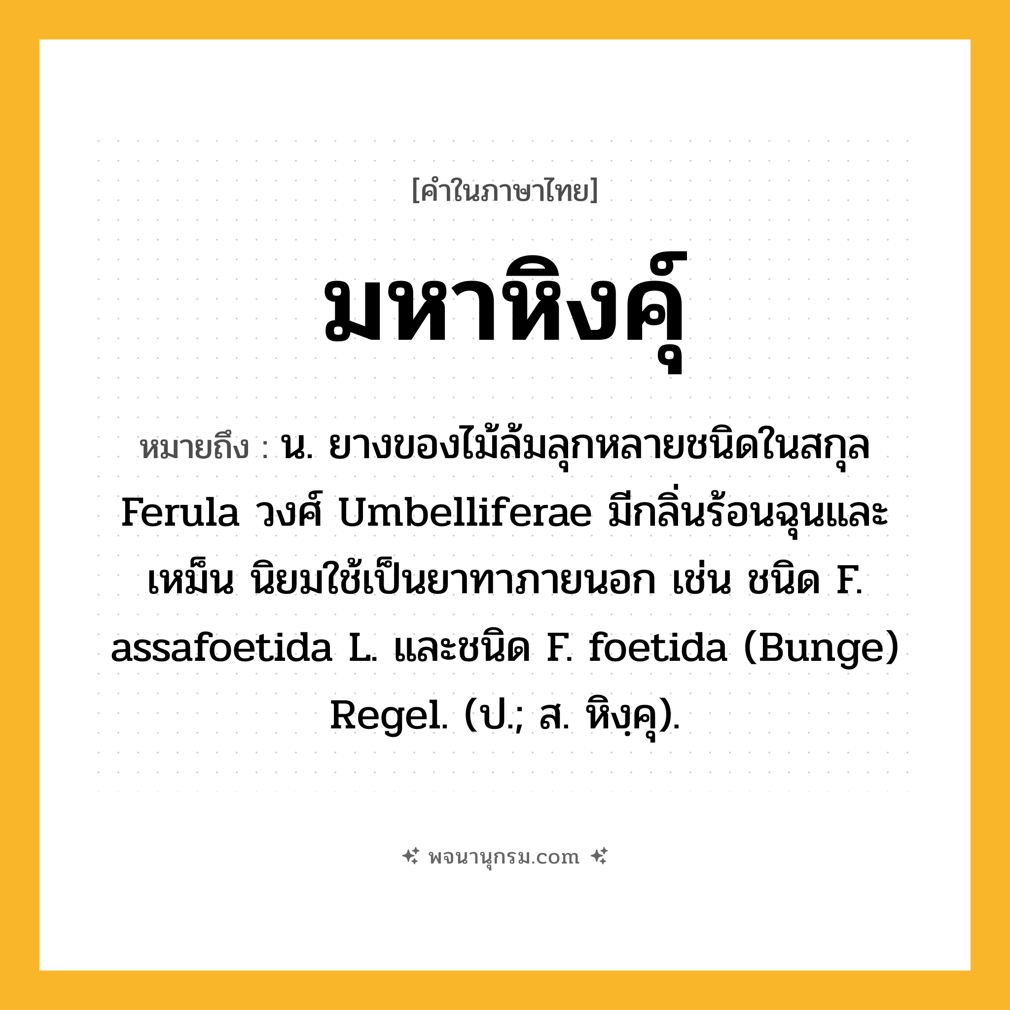 มหาหิงคุ์ ความหมาย หมายถึงอะไร?, คำในภาษาไทย มหาหิงคุ์ หมายถึง น. ยางของไม้ล้มลุกหลายชนิดในสกุล Ferula วงศ์ Umbelliferae มีกลิ่นร้อนฉุนและเหม็น นิยมใช้เป็นยาทาภายนอก เช่น ชนิด F. assafoetida L. และชนิด F. foetida (Bunge) Regel. (ป.; ส. หิงฺคุ).