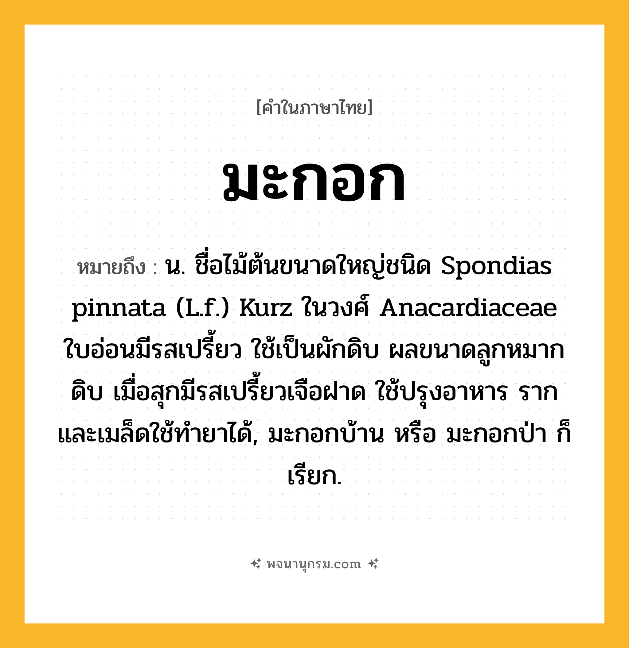 มะกอก ความหมาย หมายถึงอะไร?, คำในภาษาไทย มะกอก หมายถึง น. ชื่อไม้ต้นขนาดใหญ่ชนิด Spondias pinnata (L.f.) Kurz ในวงศ์ Anacardiaceae ใบอ่อนมีรสเปรี้ยว ใช้เป็นผักดิบ ผลขนาดลูกหมากดิบ เมื่อสุกมีรสเปรี้ยวเจือฝาด ใช้ปรุงอาหาร รากและเมล็ดใช้ทํายาได้, มะกอกบ้าน หรือ มะกอกป่า ก็เรียก.