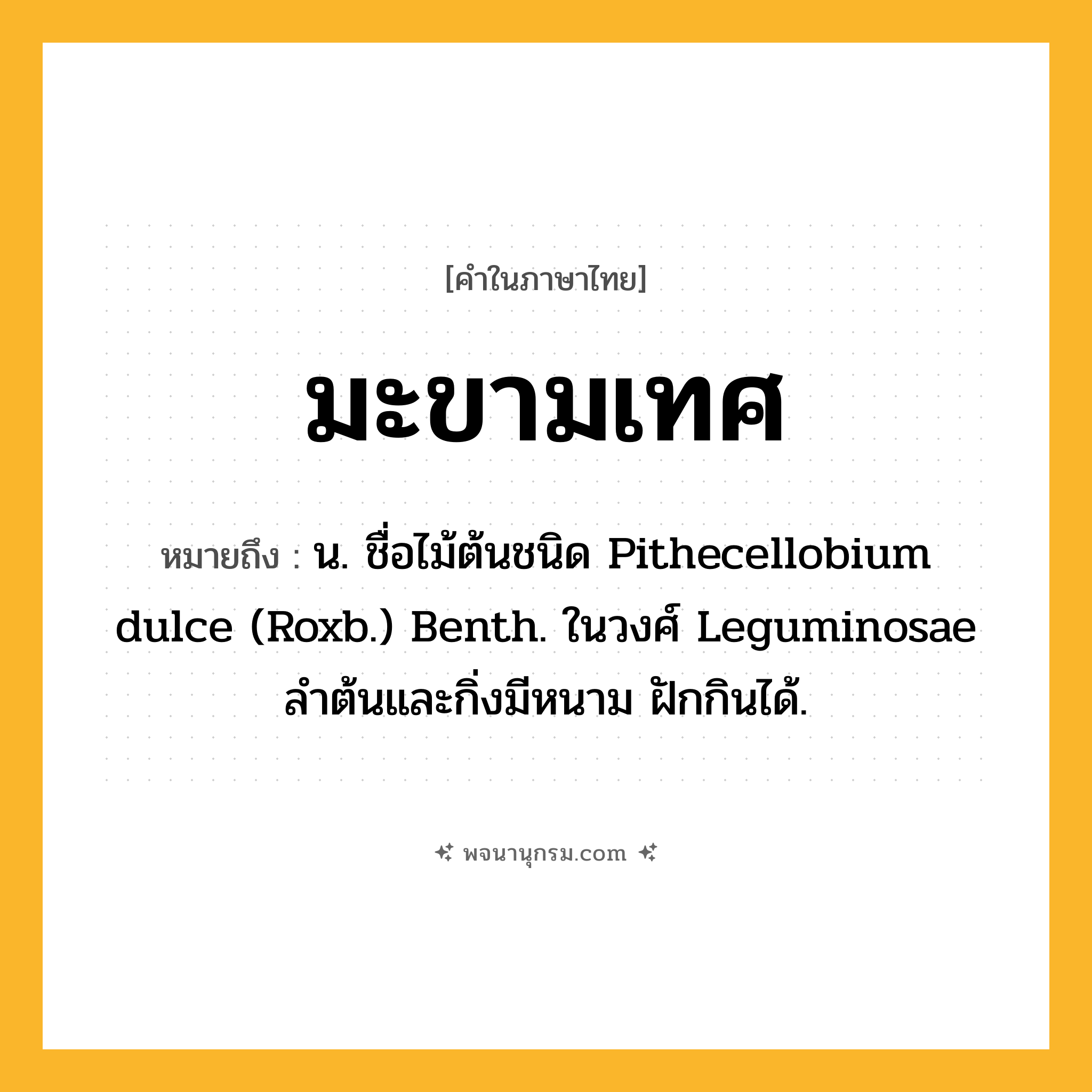 มะขามเทศ ความหมาย หมายถึงอะไร?, คำในภาษาไทย มะขามเทศ หมายถึง น. ชื่อไม้ต้นชนิด Pithecellobium dulce (Roxb.) Benth. ในวงศ์ Leguminosae ลําต้นและกิ่งมีหนาม ฝักกินได้.