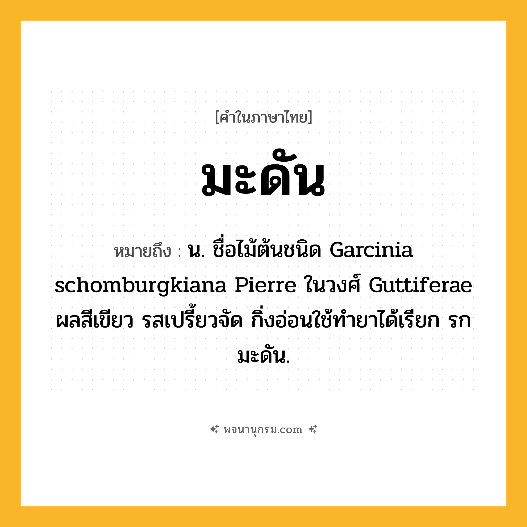 มะดัน ความหมาย หมายถึงอะไร?, คำในภาษาไทย มะดัน หมายถึง น. ชื่อไม้ต้นชนิด Garcinia schomburgkiana Pierre ในวงศ์ Guttiferae ผลสีเขียว รสเปรี้ยวจัด กิ่งอ่อนใช้ทํายาได้เรียก รกมะดัน.