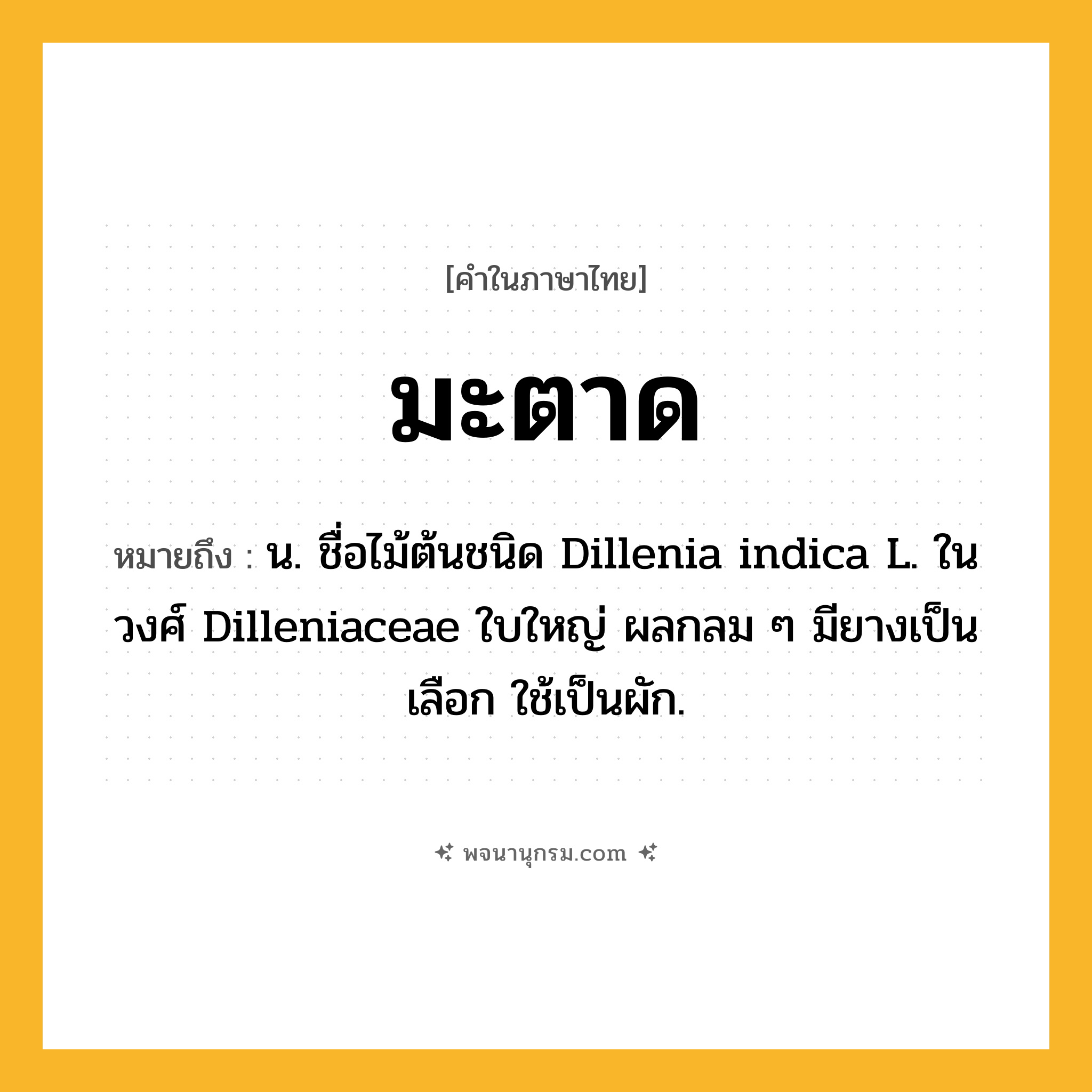 มะตาด ความหมาย หมายถึงอะไร?, คำในภาษาไทย มะตาด หมายถึง น. ชื่อไม้ต้นชนิด Dillenia indica L. ในวงศ์ Dilleniaceae ใบใหญ่ ผลกลม ๆ มียางเป็นเลือก ใช้เป็นผัก.