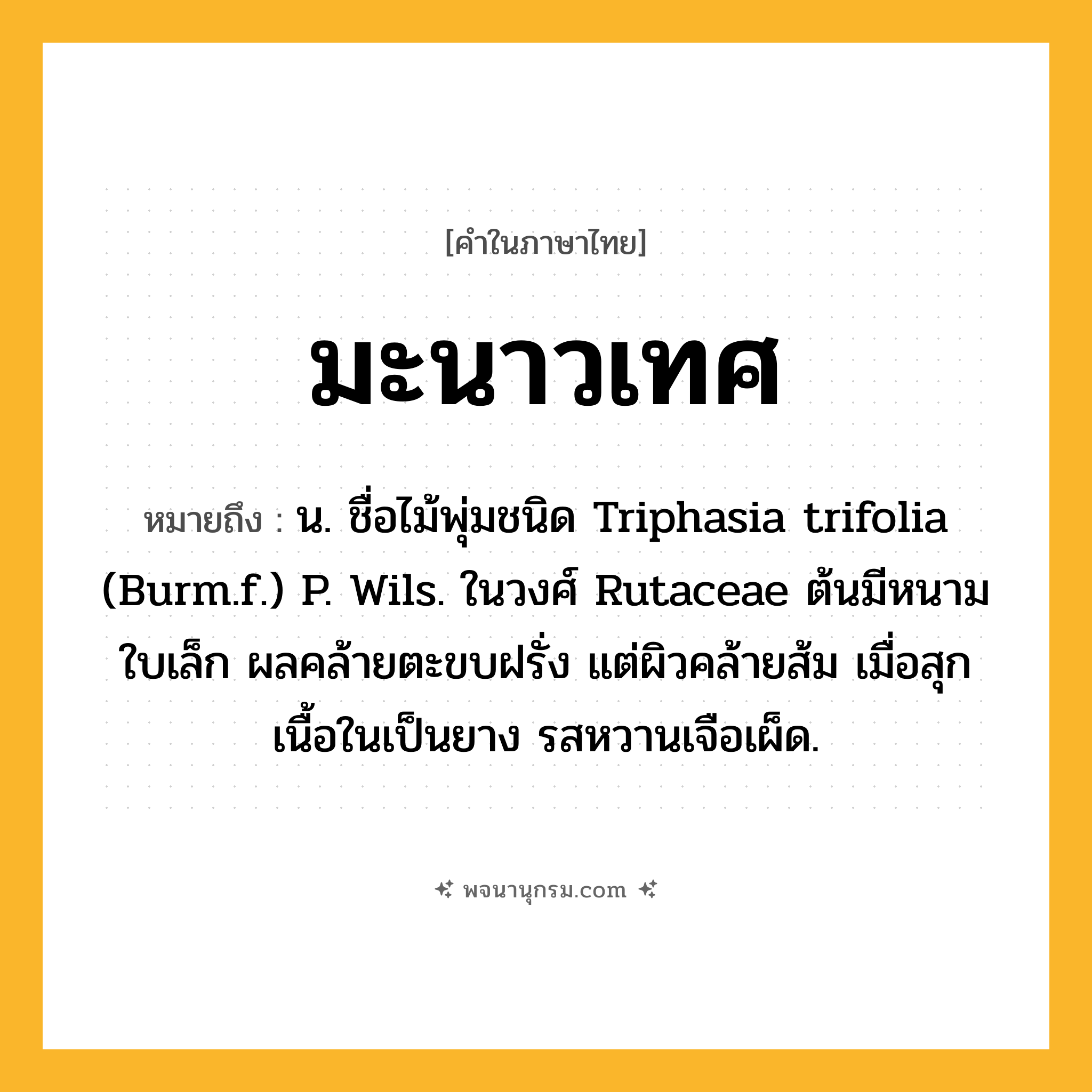 มะนาวเทศ ความหมาย หมายถึงอะไร?, คำในภาษาไทย มะนาวเทศ หมายถึง น. ชื่อไม้พุ่มชนิด Triphasia trifolia (Burm.f.) P. Wils. ในวงศ์ Rutaceae ต้นมีหนาม ใบเล็ก ผลคล้ายตะขบฝรั่ง แต่ผิวคล้ายส้ม เมื่อสุกเนื้อในเป็นยาง รสหวานเจือเผ็ด.