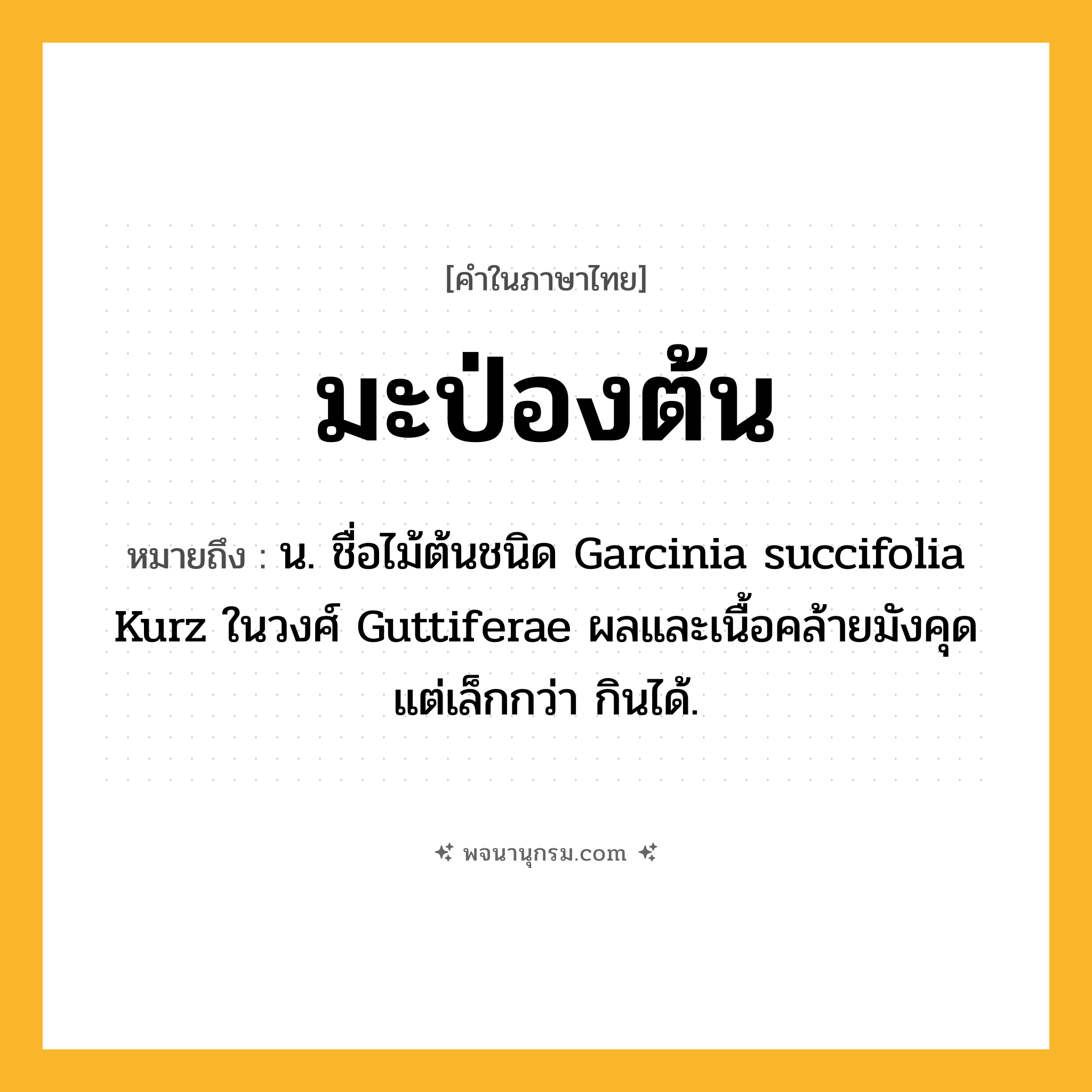 มะป่องต้น ความหมาย หมายถึงอะไร?, คำในภาษาไทย มะป่องต้น หมายถึง น. ชื่อไม้ต้นชนิด Garcinia succifolia Kurz ในวงศ์ Guttiferae ผลและเนื้อคล้ายมังคุดแต่เล็กกว่า กินได้.