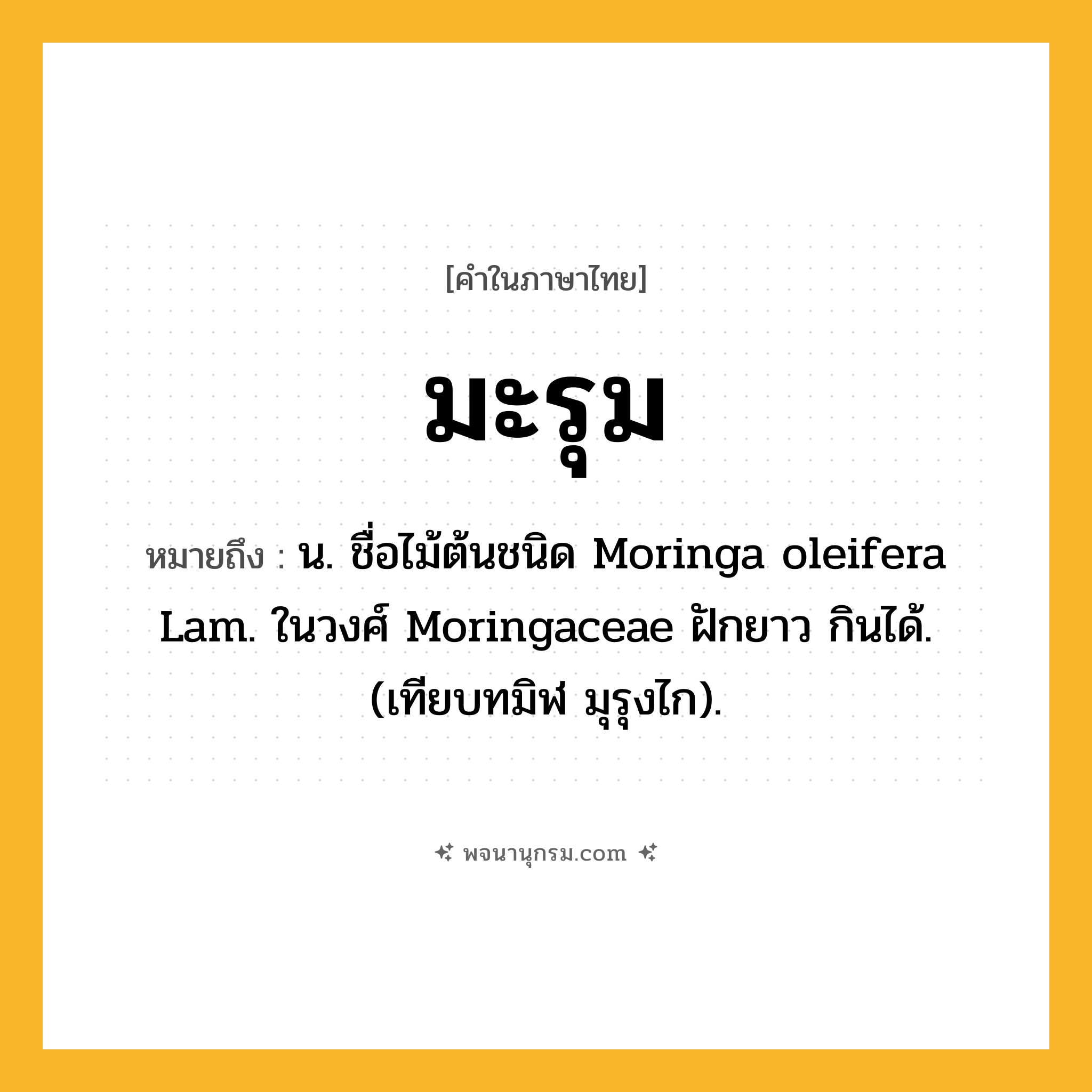 มะรุม ความหมาย หมายถึงอะไร?, คำในภาษาไทย มะรุม หมายถึง น. ชื่อไม้ต้นชนิด Moringa oleifera Lam. ในวงศ์ Moringaceae ฝักยาว กินได้. (เทียบทมิฬ มุรุงไก).