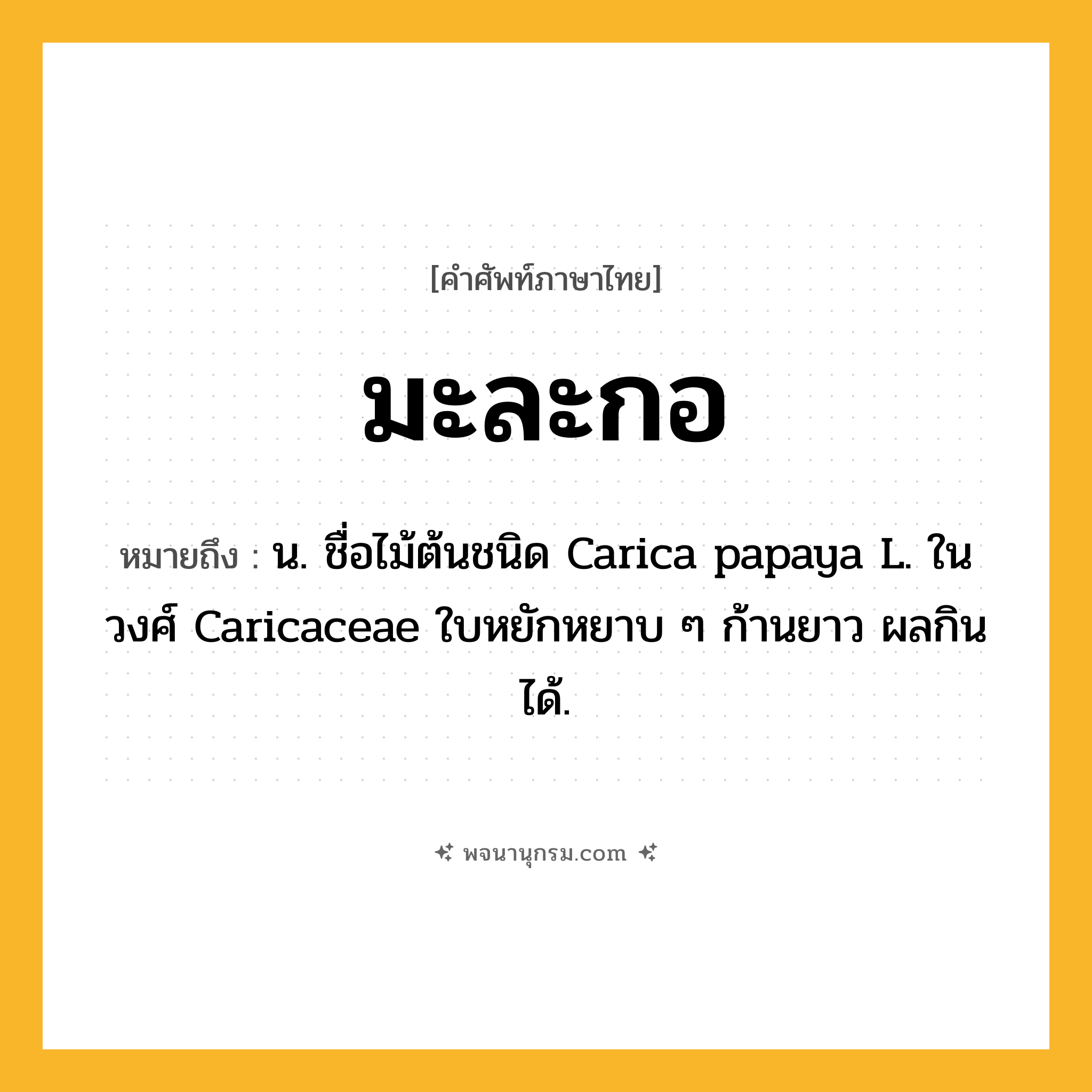 มะละกอ ความหมาย หมายถึงอะไร?, คำในภาษาไทย มะละกอ หมายถึง น. ชื่อไม้ต้นชนิด Carica papaya L. ในวงศ์ Caricaceae ใบหยักหยาบ ๆ ก้านยาว ผลกินได้.