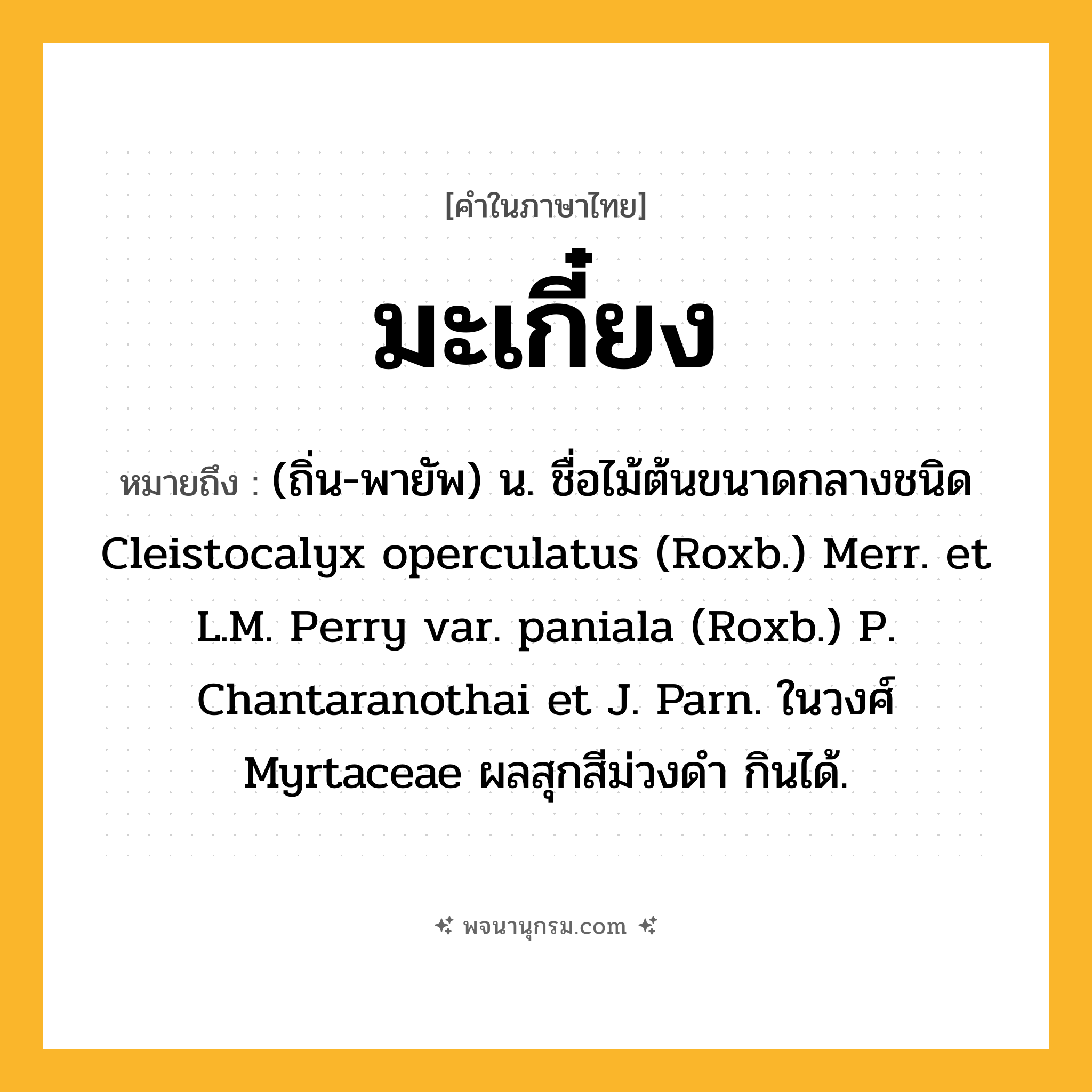 มะเกี๋ยง ความหมาย หมายถึงอะไร?, คำในภาษาไทย มะเกี๋ยง หมายถึง (ถิ่น-พายัพ) น. ชื่อไม้ต้นขนาดกลางชนิด Cleistocalyx operculatus (Roxb.) Merr. et L.M. Perry var. paniala (Roxb.) P. Chantaranothai et J. Parn. ในวงศ์ Myrtaceae ผลสุกสีม่วงดํา กินได้.