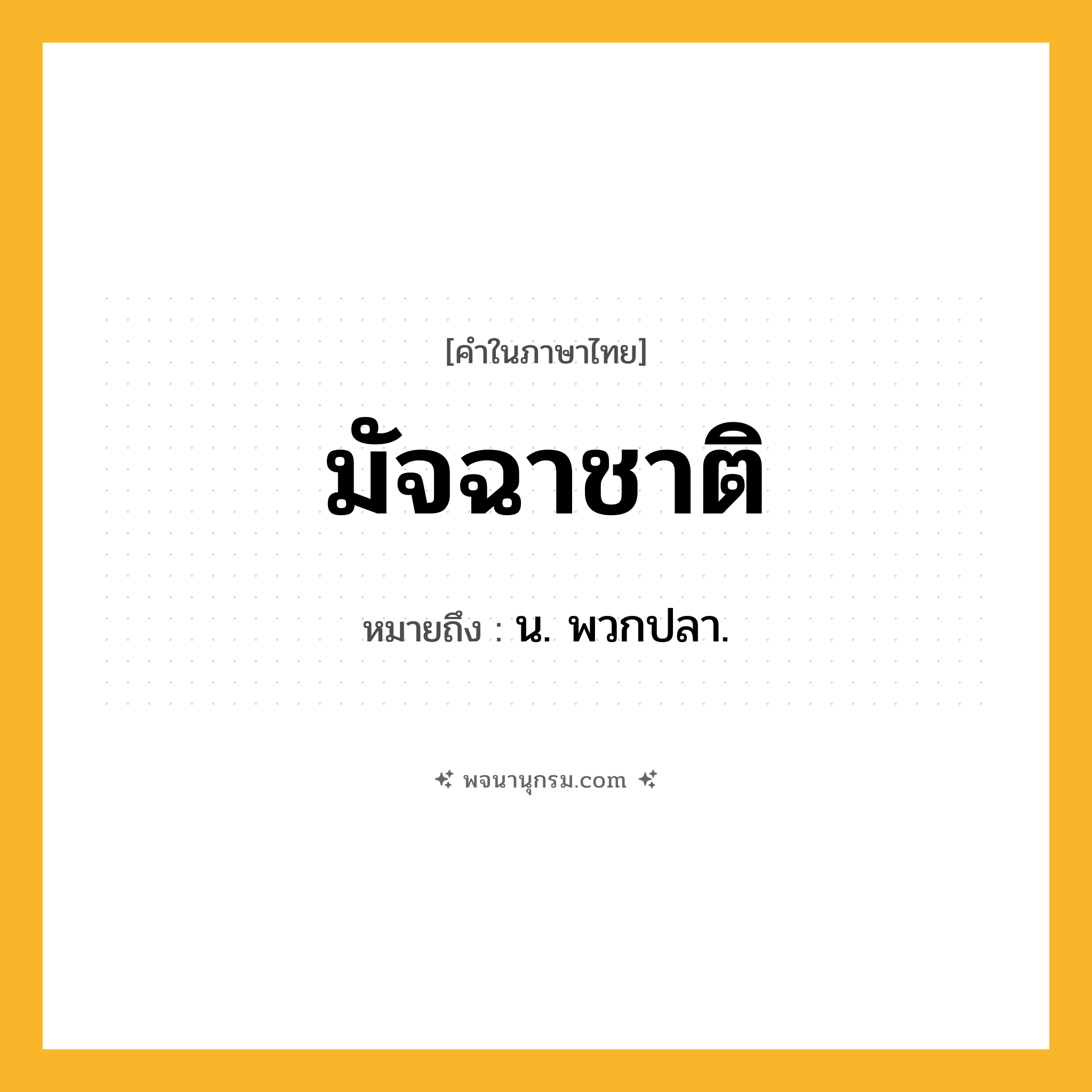 มัจฉาชาติ ความหมาย หมายถึงอะไร?, คำในภาษาไทย มัจฉาชาติ หมายถึง น. พวกปลา.