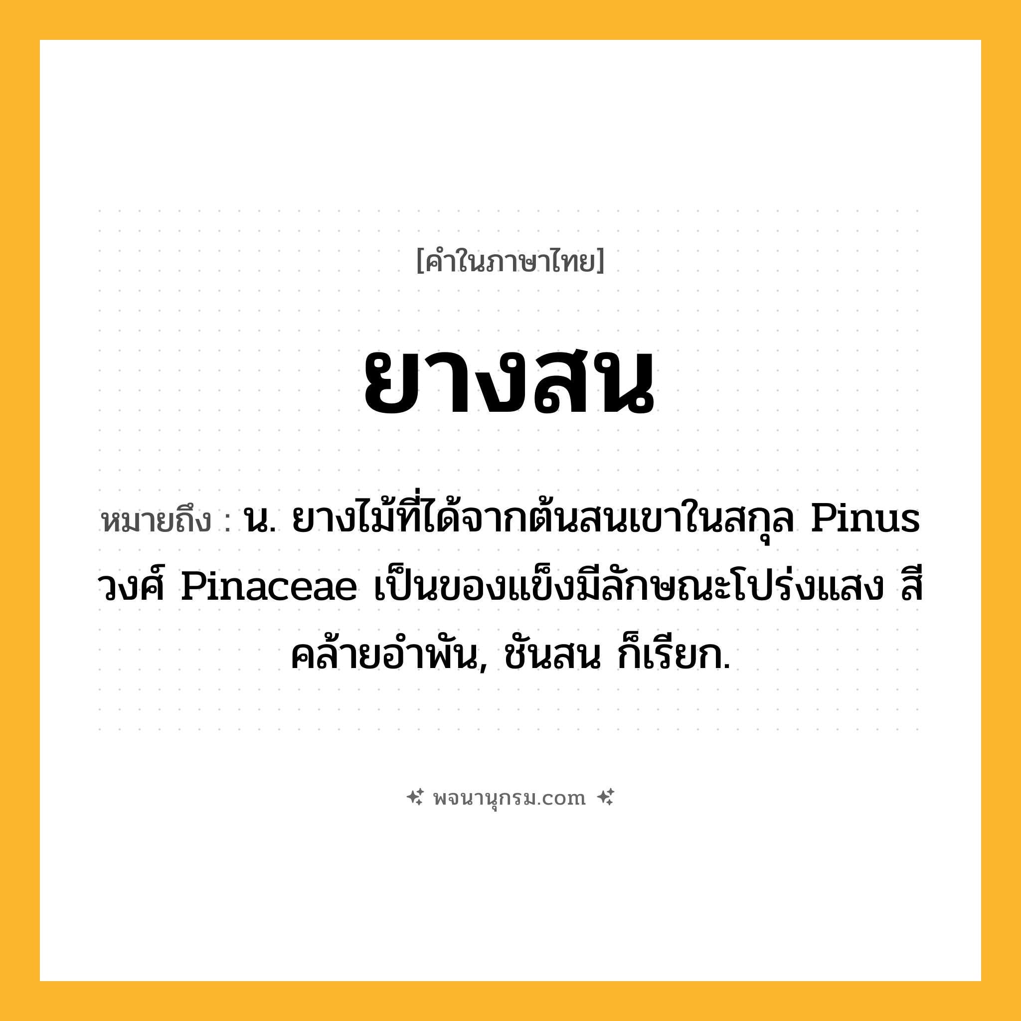 ยางสน ความหมาย หมายถึงอะไร?, คำในภาษาไทย ยางสน หมายถึง น. ยางไม้ที่ได้จากต้นสนเขาในสกุล Pinus วงศ์ Pinaceae เป็นของแข็งมีลักษณะโปร่งแสง สีคล้ายอำพัน, ชันสน ก็เรียก.