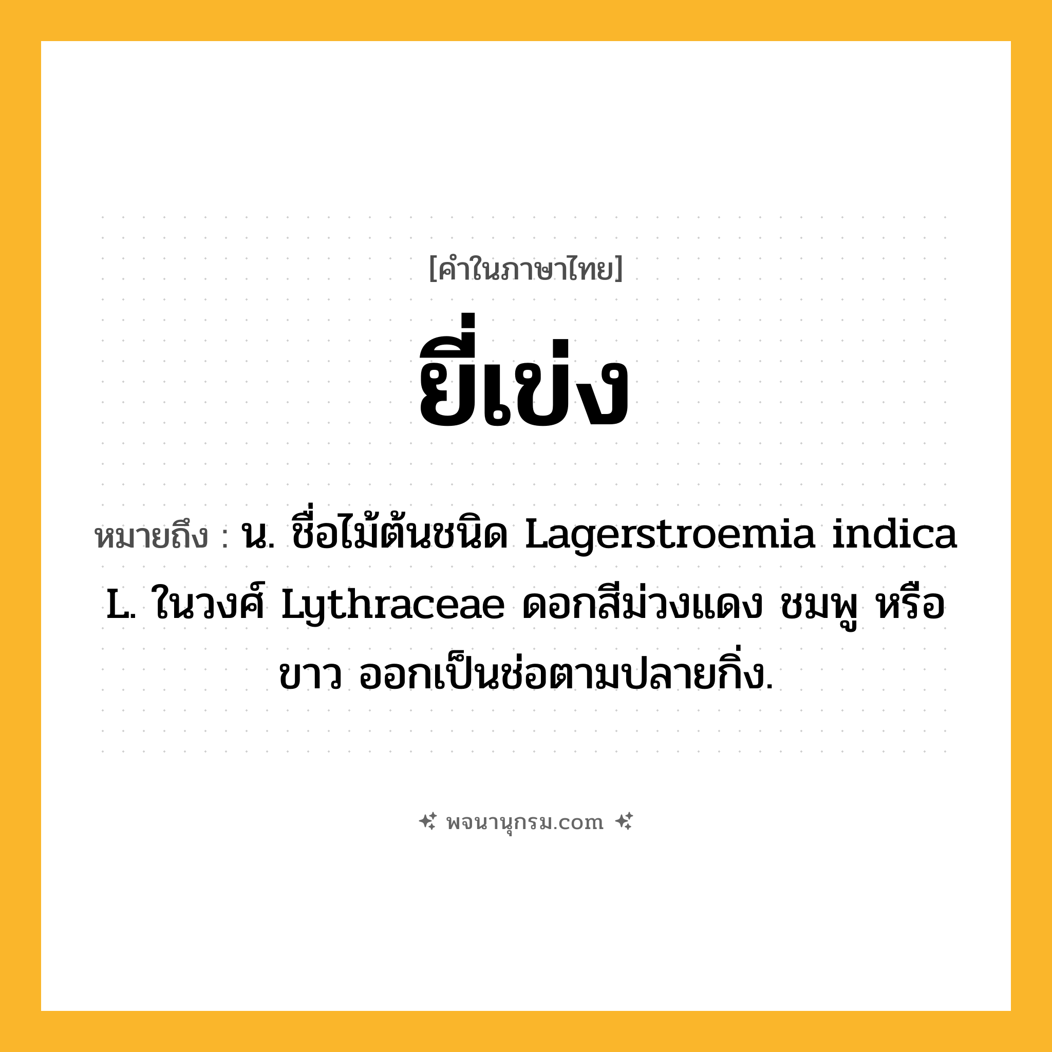 ยี่เข่ง ความหมาย หมายถึงอะไร?, คำในภาษาไทย ยี่เข่ง หมายถึง น. ชื่อไม้ต้นชนิด Lagerstroemia indica L. ในวงศ์ Lythraceae ดอกสีม่วงแดง ชมพู หรือขาว ออกเป็นช่อตามปลายกิ่ง.
