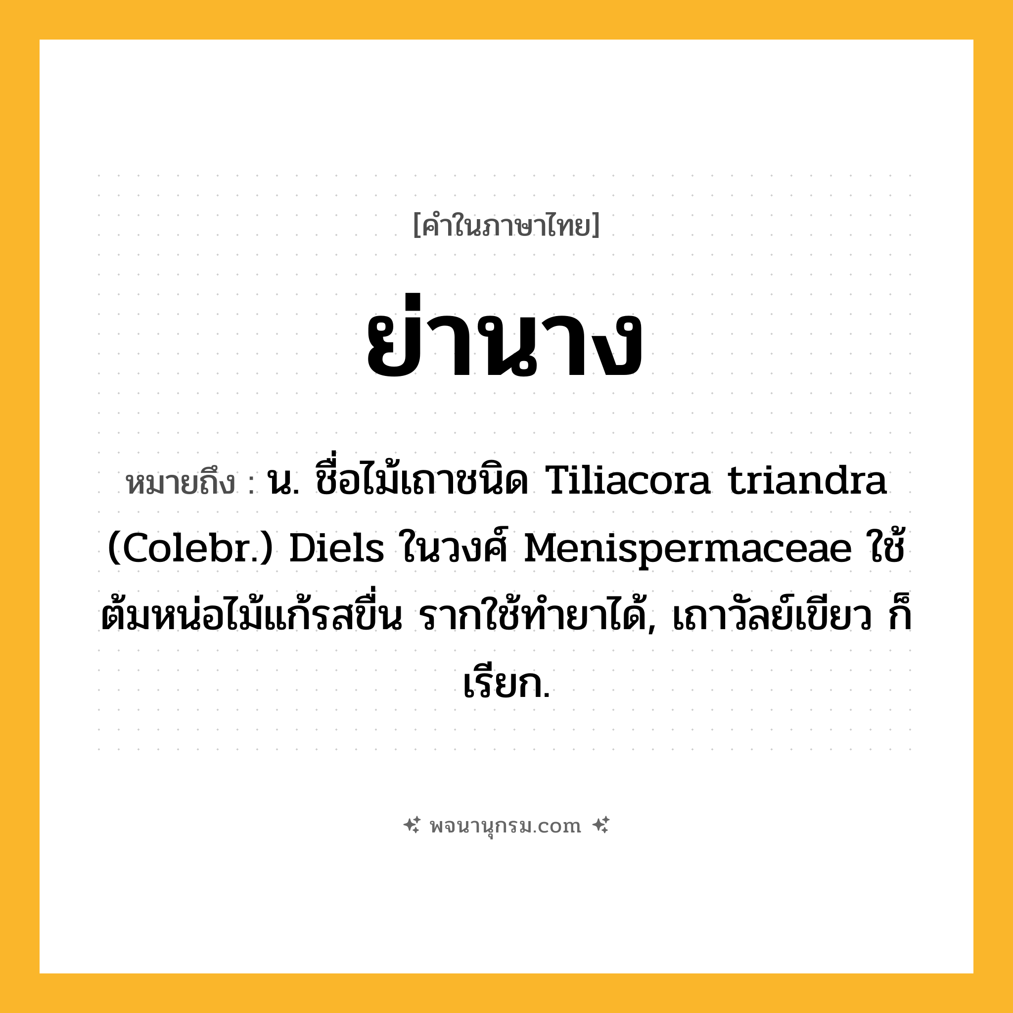 ย่านาง ความหมาย หมายถึงอะไร?, คำในภาษาไทย ย่านาง หมายถึง น. ชื่อไม้เถาชนิด Tiliacora triandra (Colebr.) Diels ในวงศ์ Menispermaceae ใช้ต้มหน่อไม้แก้รสขื่น รากใช้ทํายาได้, เถาวัลย์เขียว ก็เรียก.