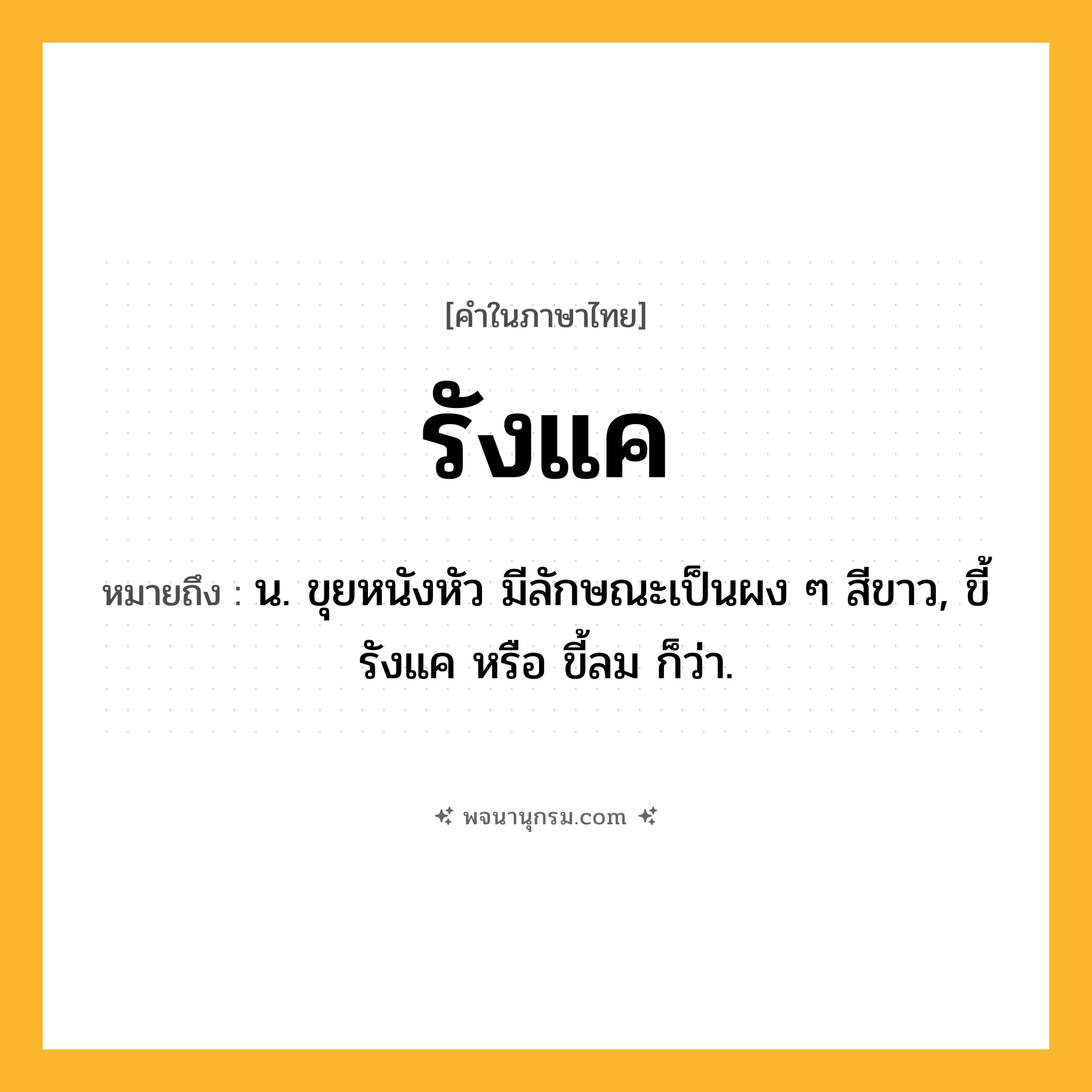 รังแค ความหมาย หมายถึงอะไร?, คำในภาษาไทย รังแค หมายถึง น. ขุยหนังหัว มีลักษณะเป็นผง ๆ สีขาว, ขี้รังแค หรือ ขี้ลม ก็ว่า.