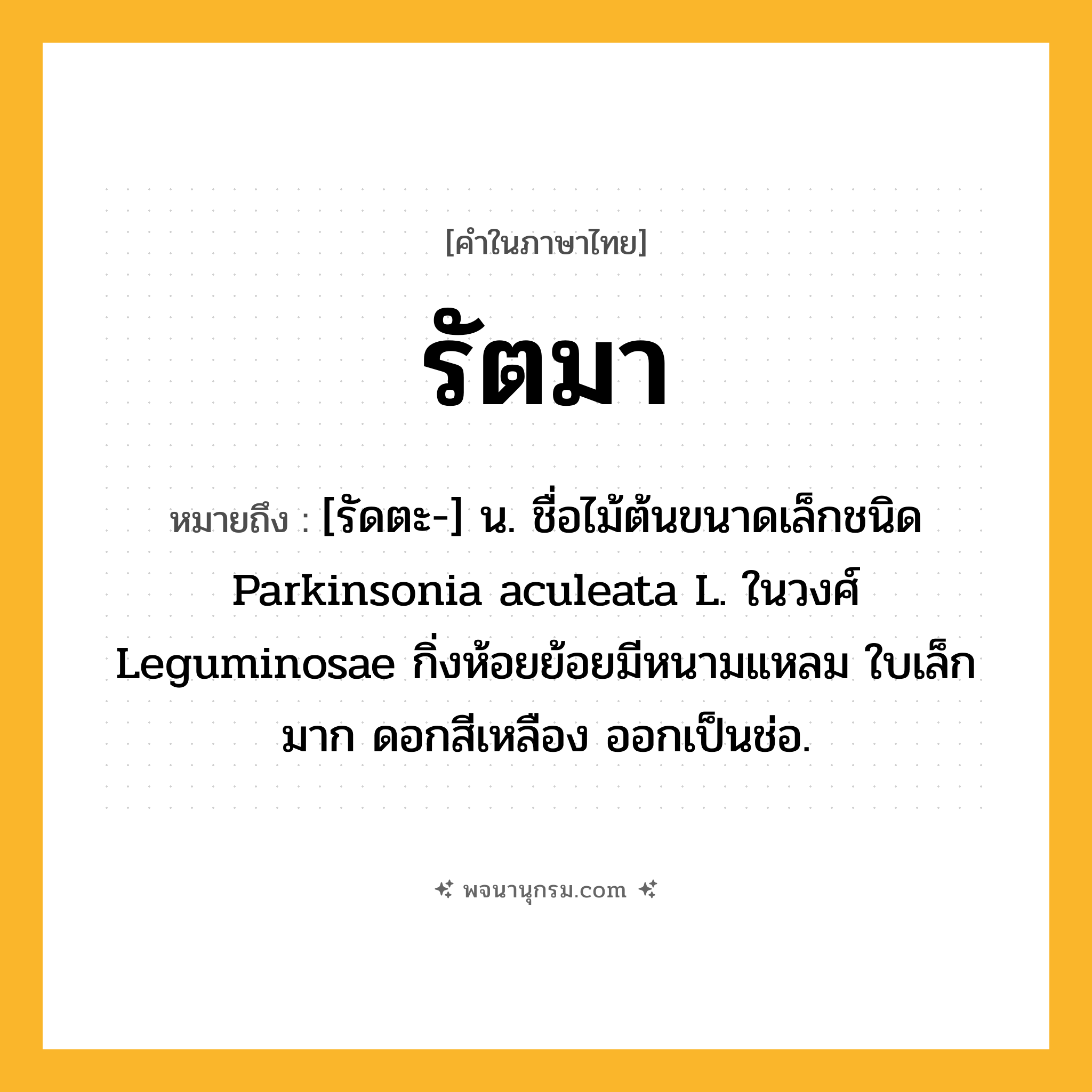 รัตมา ความหมาย หมายถึงอะไร?, คำในภาษาไทย รัตมา หมายถึง [รัดตะ-] น. ชื่อไม้ต้นขนาดเล็กชนิด Parkinsonia aculeata L. ในวงศ์ Leguminosae กิ่งห้อยย้อยมีหนามแหลม ใบเล็กมาก ดอกสีเหลือง ออกเป็นช่อ.