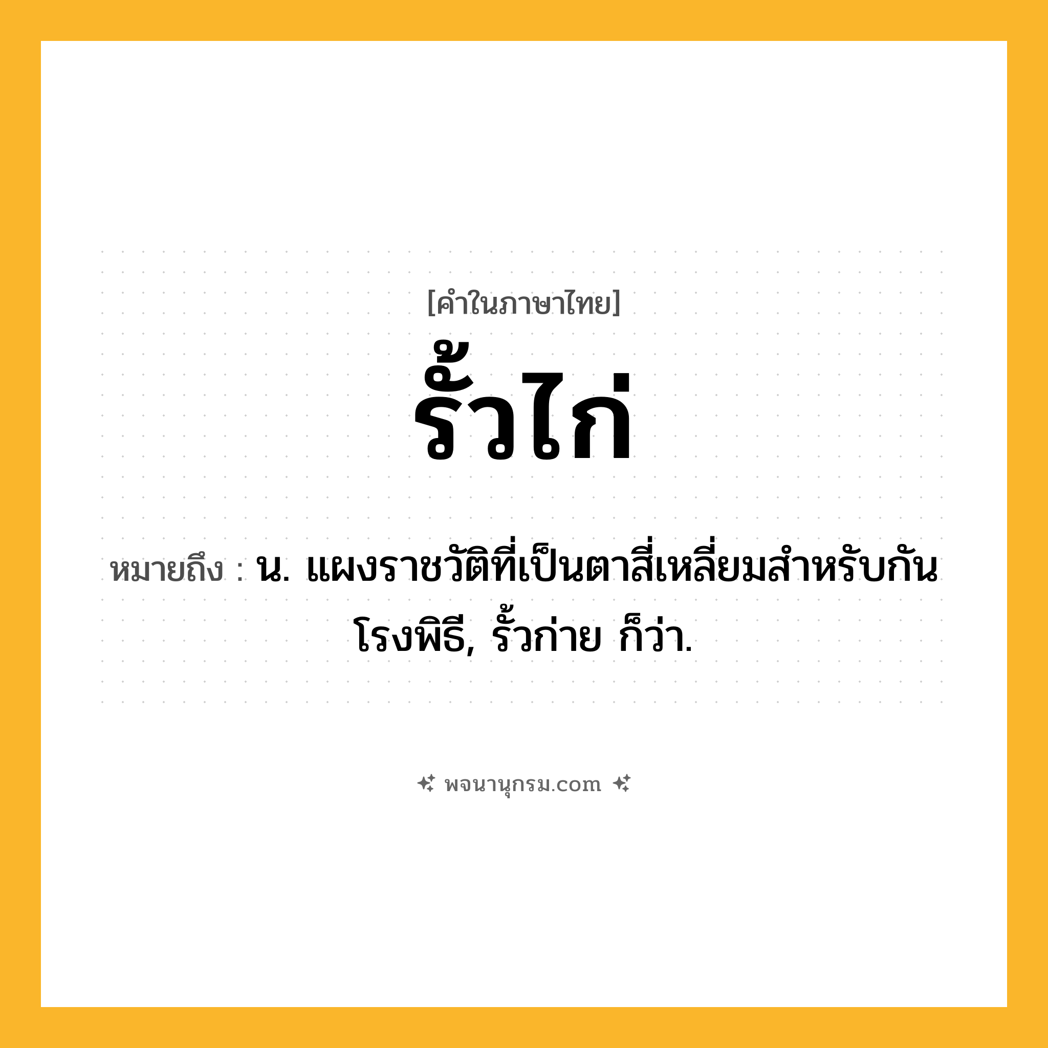 รั้วไก่ ความหมาย หมายถึงอะไร?, คำในภาษาไทย รั้วไก่ หมายถึง น. แผงราชวัติที่เป็นตาสี่เหลี่ยมสําหรับกันโรงพิธี, รั้วก่าย ก็ว่า.