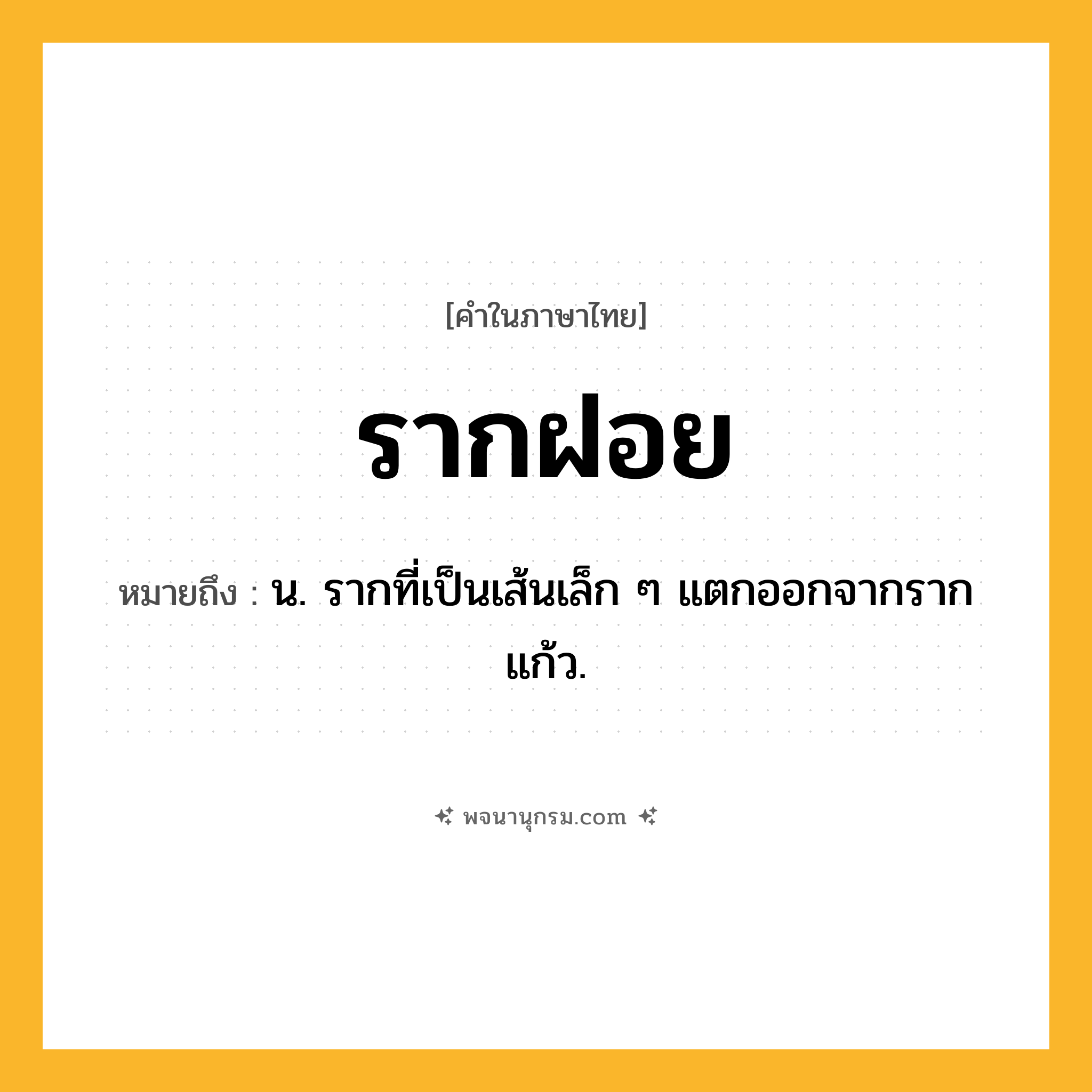 รากฝอย ความหมาย หมายถึงอะไร?, คำในภาษาไทย รากฝอย หมายถึง น. รากที่เป็นเส้นเล็ก ๆ แตกออกจากรากแก้ว.