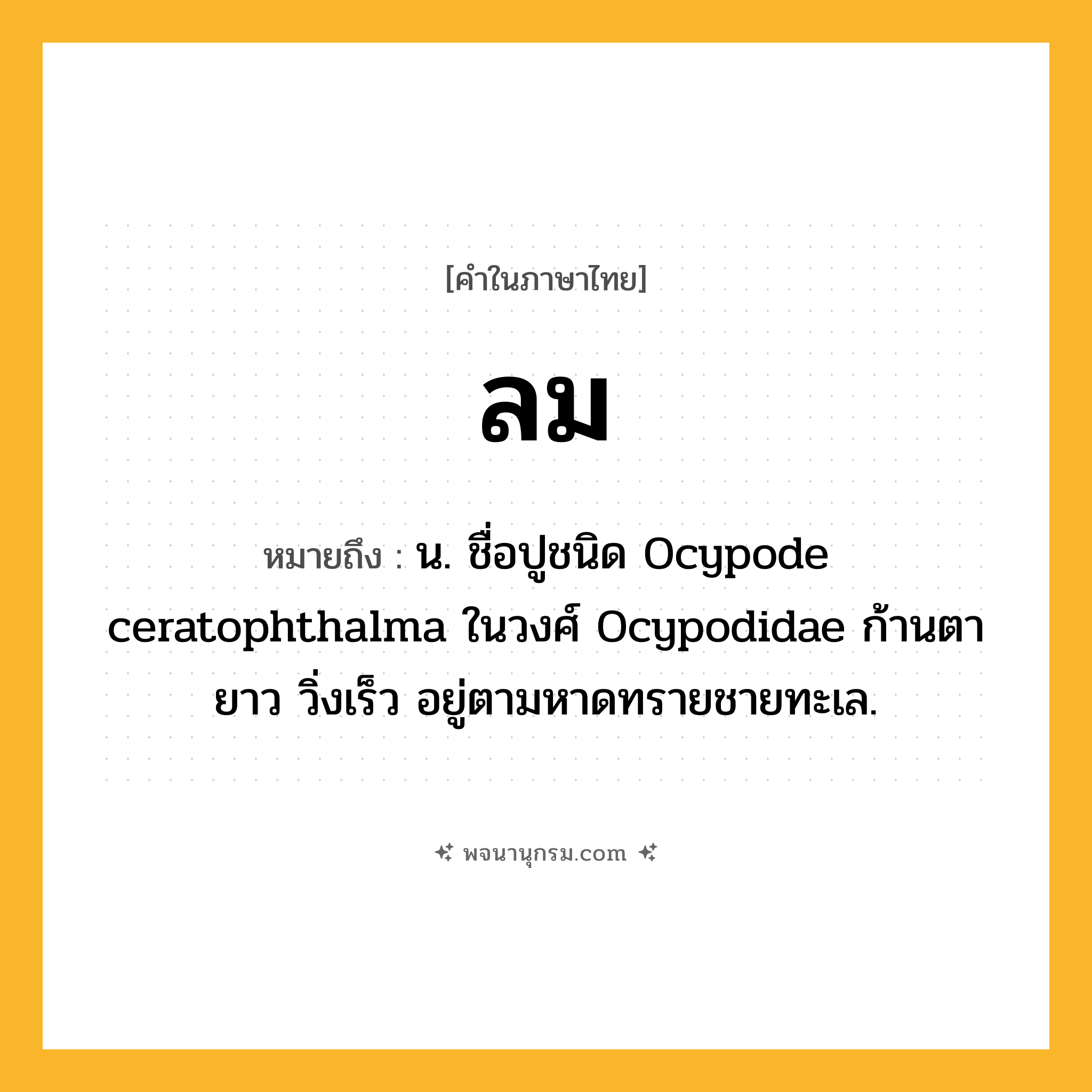 ลม ความหมาย หมายถึงอะไร?, คำในภาษาไทย ลม หมายถึง น. ชื่อปูชนิด Ocypode ceratophthalma ในวงศ์ Ocypodidae ก้านตายาว วิ่งเร็ว อยู่ตามหาดทรายชายทะเล.