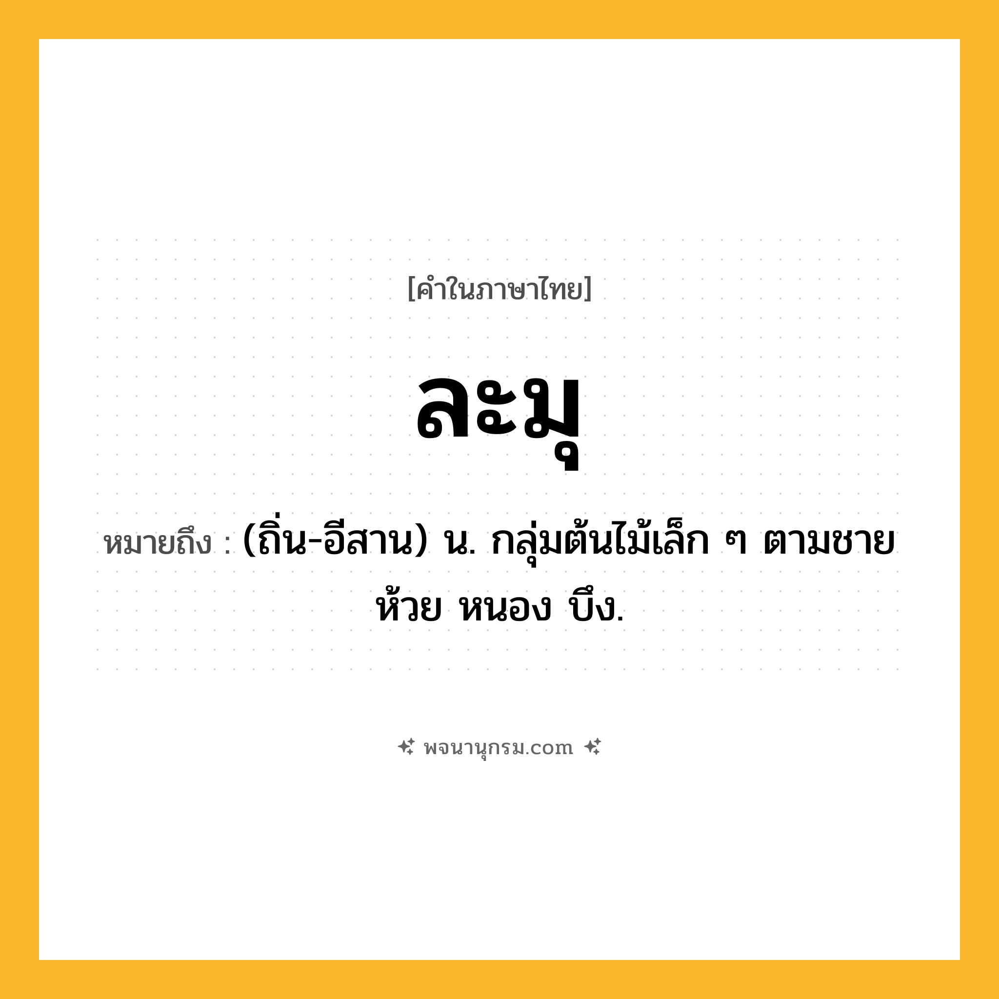ละมุ ความหมาย หมายถึงอะไร?, คำในภาษาไทย ละมุ หมายถึง (ถิ่น-อีสาน) น. กลุ่มต้นไม้เล็ก ๆ ตามชายห้วย หนอง บึง.