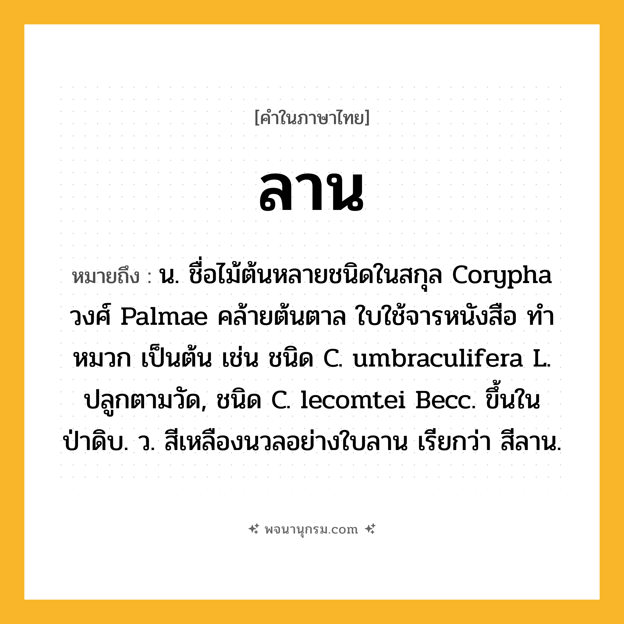 ลาน ความหมาย หมายถึงอะไร?, คำในภาษาไทย ลาน หมายถึง น. ชื่อไม้ต้นหลายชนิดในสกุล Corypha วงศ์ Palmae คล้ายต้นตาล ใบใช้จารหนังสือ ทําหมวก เป็นต้น เช่น ชนิด C. umbraculifera L. ปลูกตามวัด, ชนิด C. lecomtei Becc. ขึ้นในป่าดิบ. ว. สีเหลืองนวลอย่างใบลาน เรียกว่า สีลาน.