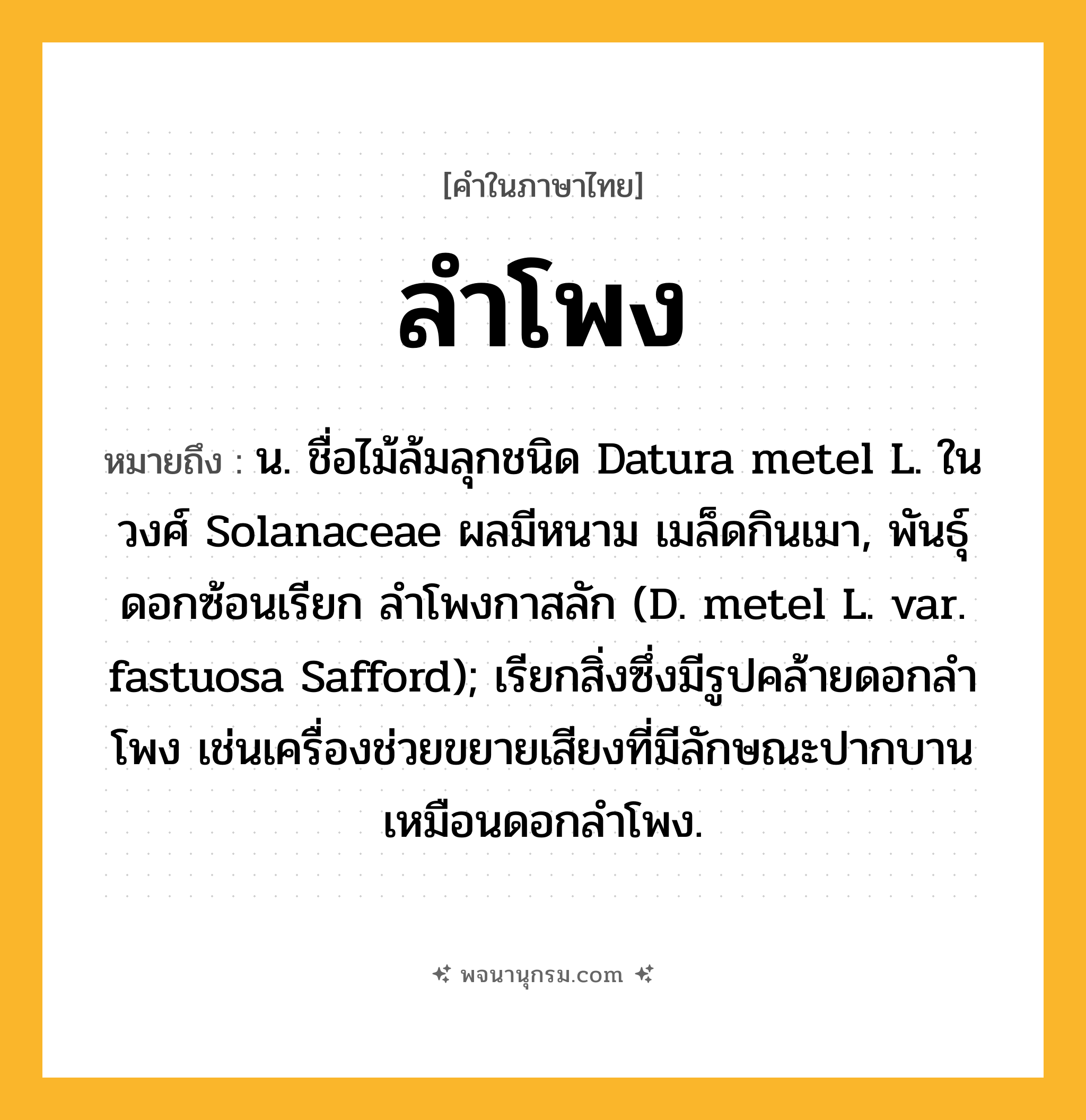 ลำโพง ความหมาย หมายถึงอะไร?, คำในภาษาไทย ลำโพง หมายถึง น. ชื่อไม้ล้มลุกชนิด Datura metel L. ในวงศ์ Solanaceae ผลมีหนาม เมล็ดกินเมา, พันธุ์ดอกซ้อนเรียก ลําโพงกาสลัก (D. metel L. var. fastuosa Safford); เรียกสิ่งซึ่งมีรูปคล้ายดอกลําโพง เช่นเครื่องช่วยขยายเสียงที่มีลักษณะปากบานเหมือนดอกลำโพง.